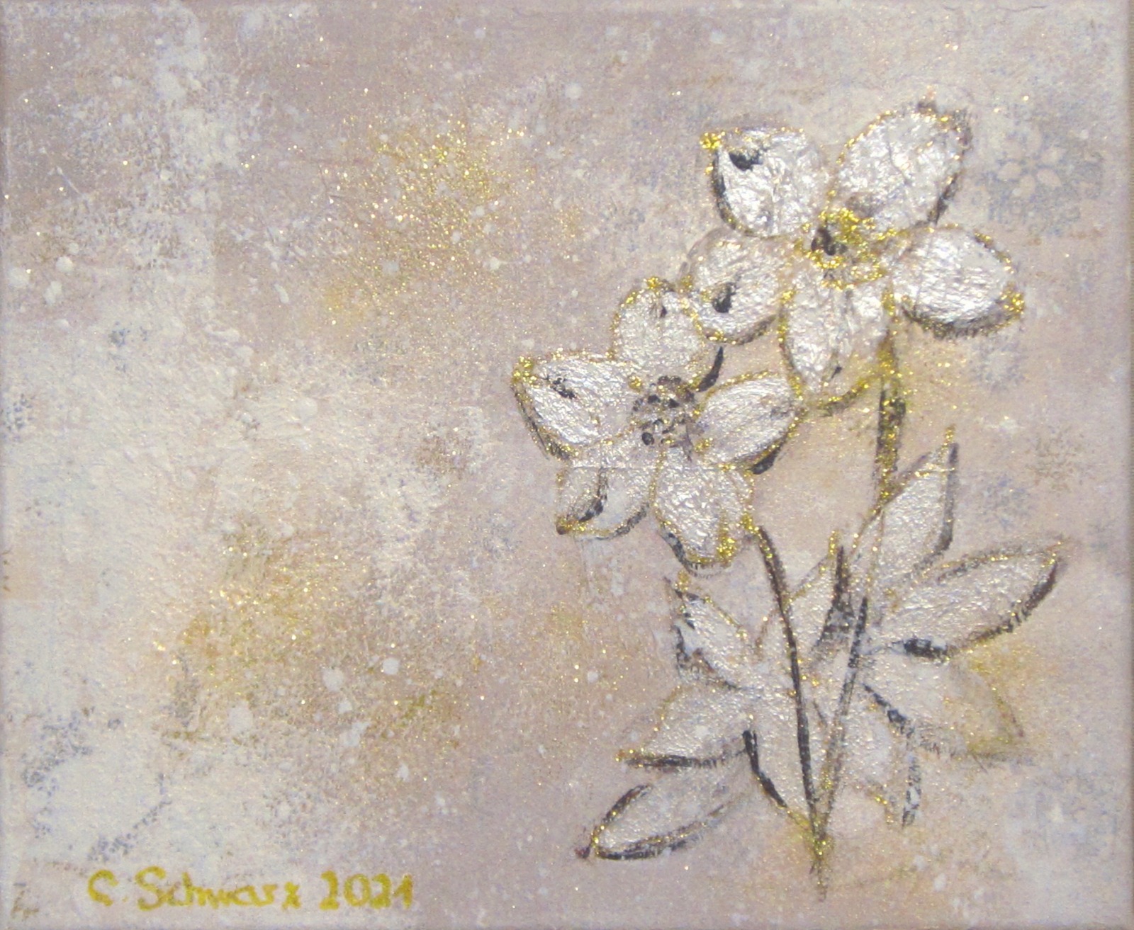 WINTERBLUMEN weiß-goldfarbig - hübsches Mixed Media Bild auf Leinwand 30cmx25cm mit Glitter -