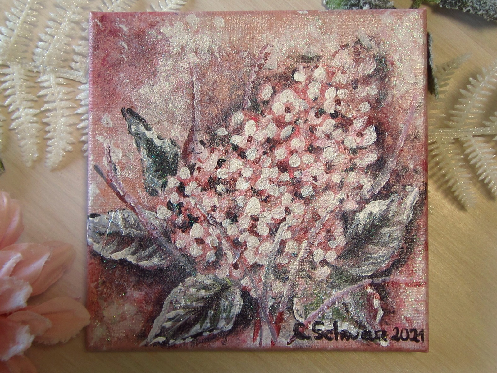 GLITZERNDE RISPENHORTENSIE - hübsches Acrylgemälde auf Leinwand 20cmx20cm mit Glitter -