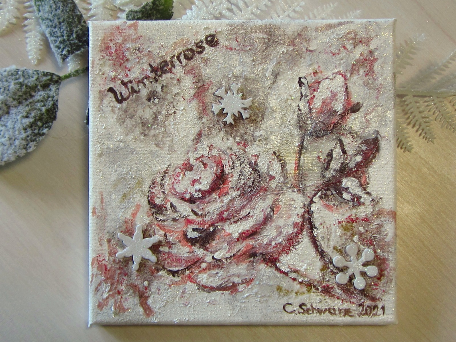 WINTERROSE - hübsches Mixed Media Bild auf Leinwand 20cmx20cm mit Glitter - Künstlerin Christiane