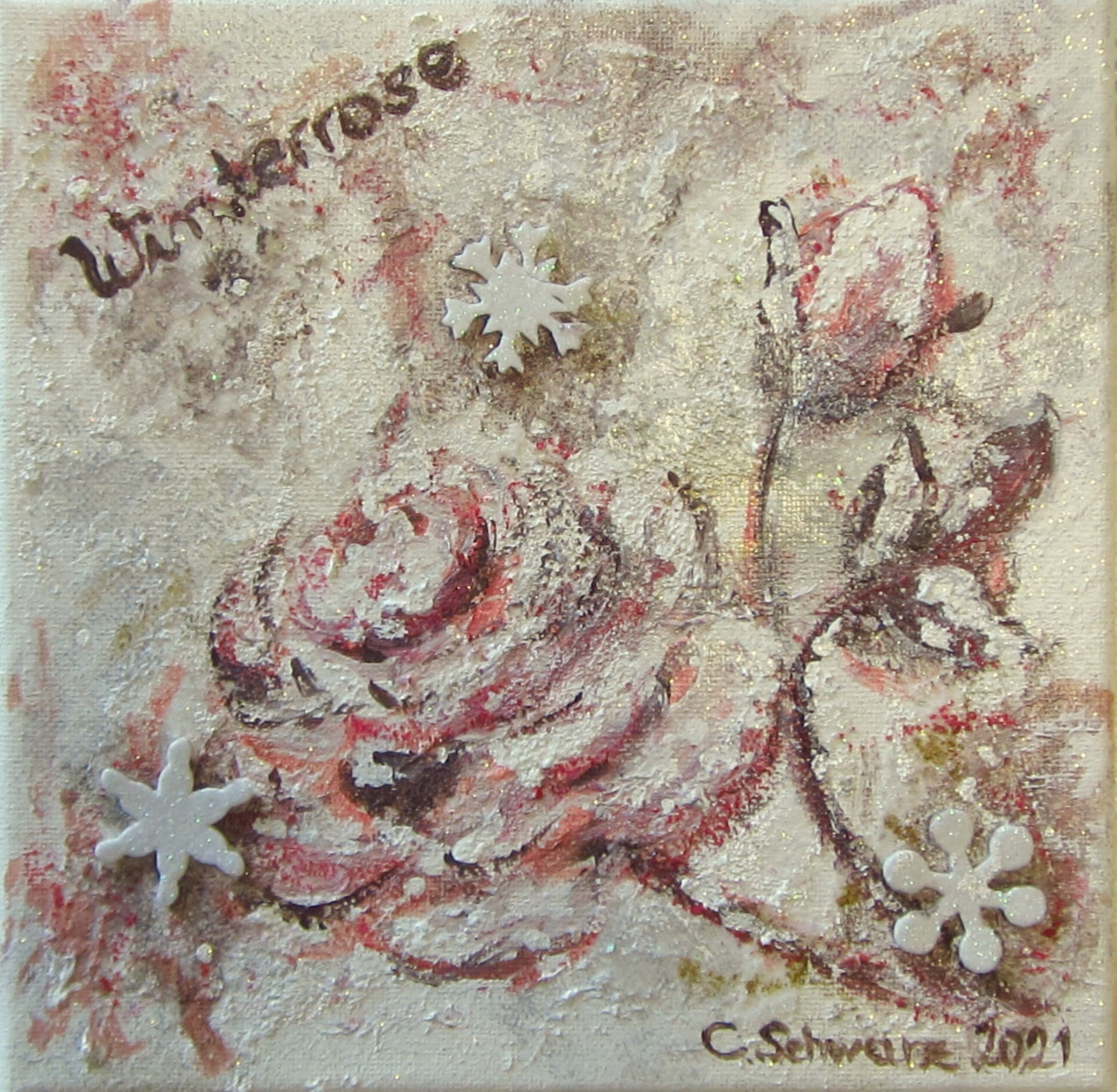 WINTERROSE - hübsches Mixed Media Bild auf Leinwand 20cmx20cm mit Glitter - Künstlerin Christiane