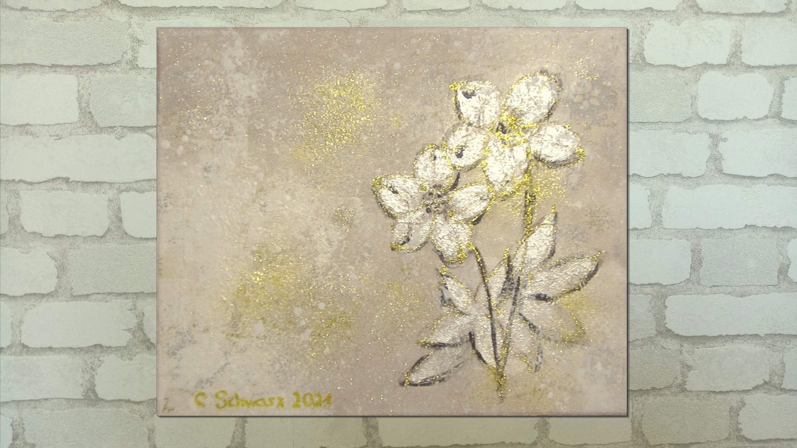 WINTERBLUMEN weiß-goldfarbig - hübsches Mixed Media Bild auf Leinwand 30cmx25cm mit Glitter -