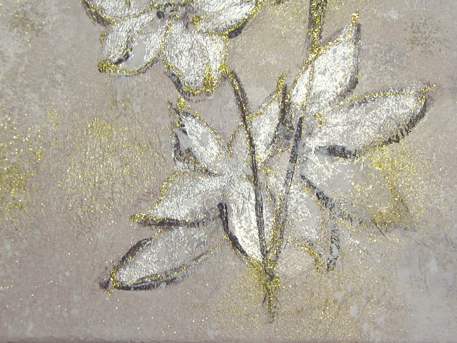 WINTERBLUMEN weiß-goldfarbig - hübsches Mixed Media Bild auf Leinwand 30cmx25cm mit Glitter -