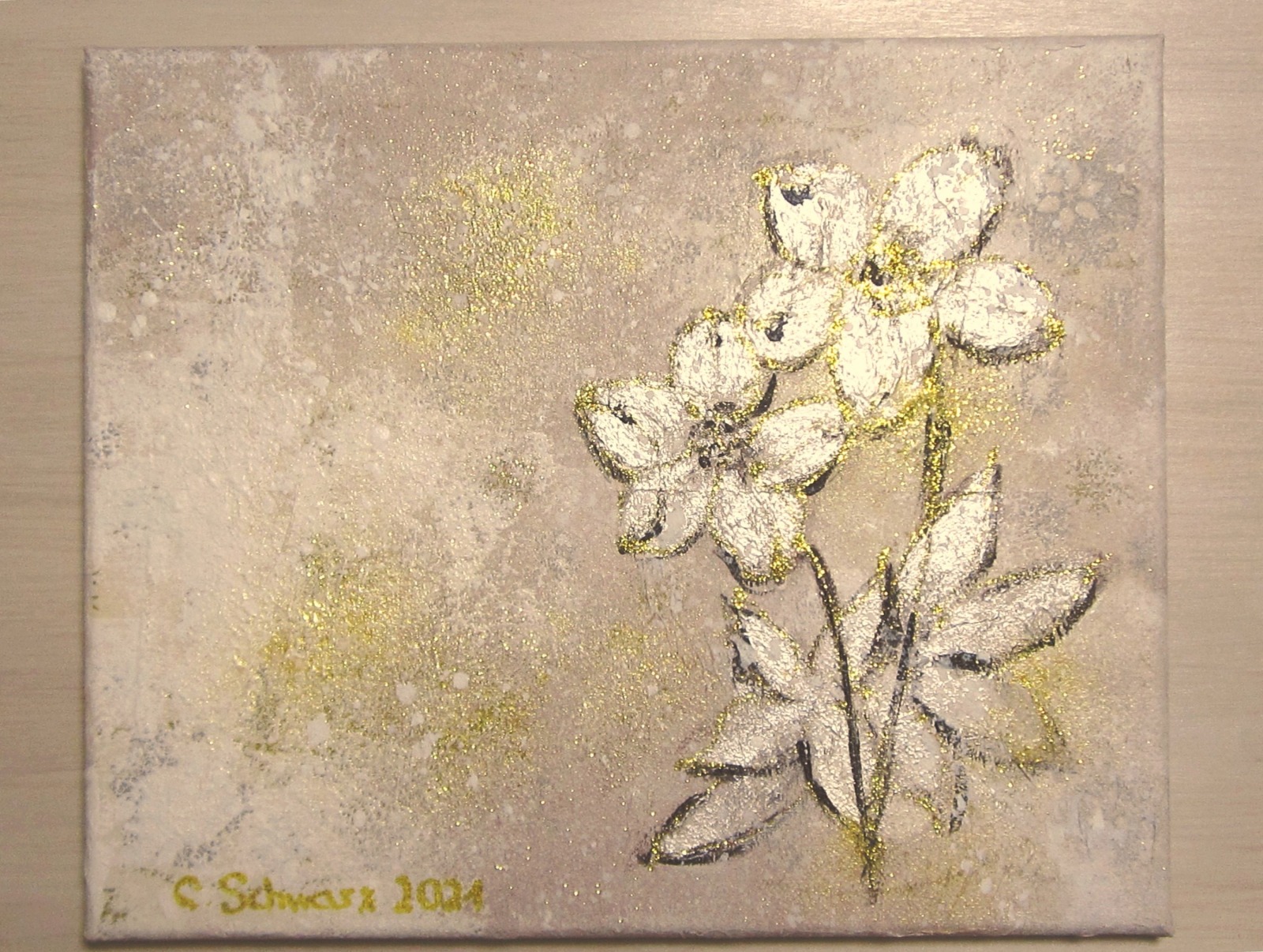 WINTERBLUMEN weiß-goldfarbig - hübsches Mixed Media Bild auf Leinwand 30cmx25cm mit Glitter -