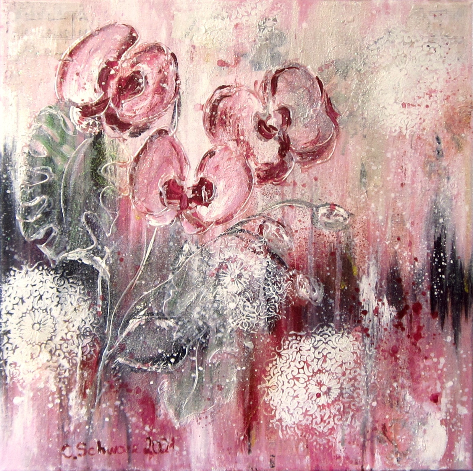 MIXED MEDIA ORCHIDEEN - hübsches Orchideenbild beglittert auf Leinwand 40cmx40cm - Künstlerin