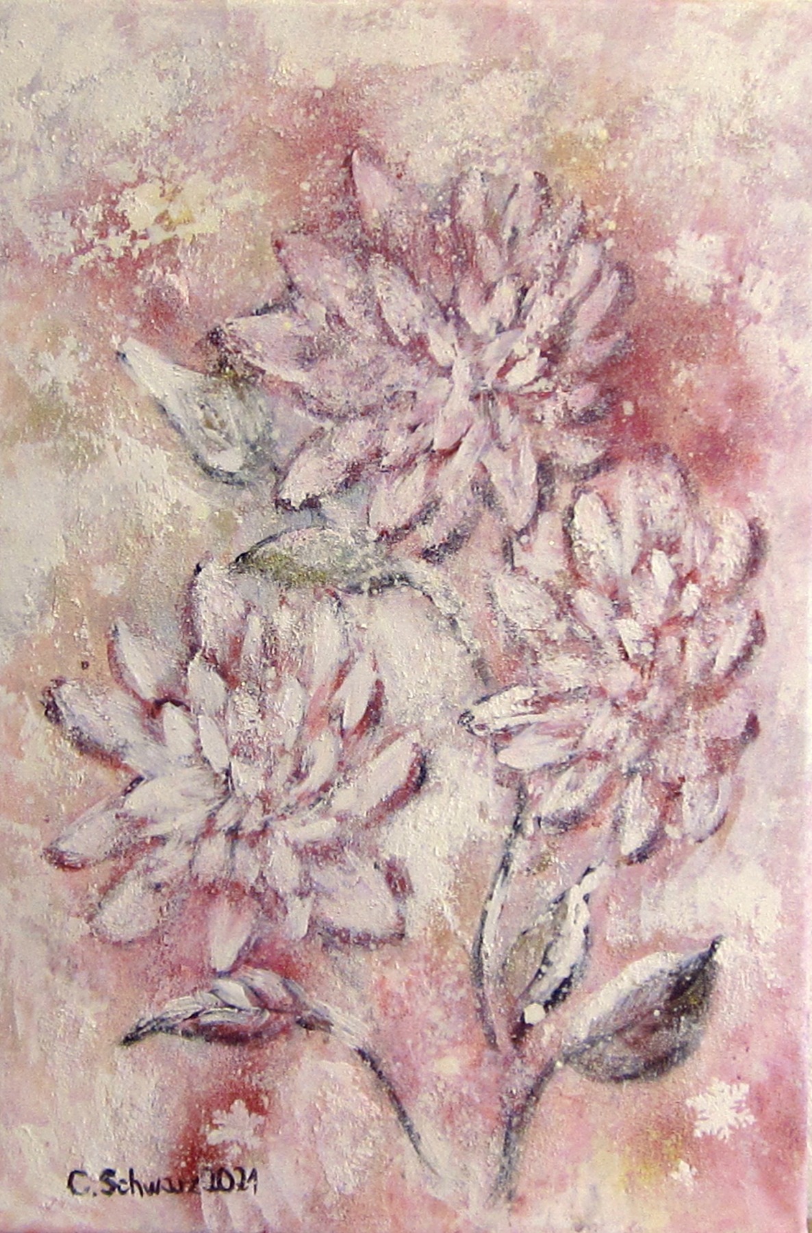 Mixed Media Bild FROSTIGE DAHLIEN 40cmx60cm - glitzerndes Blumenbild im Shabby Chic Look auf