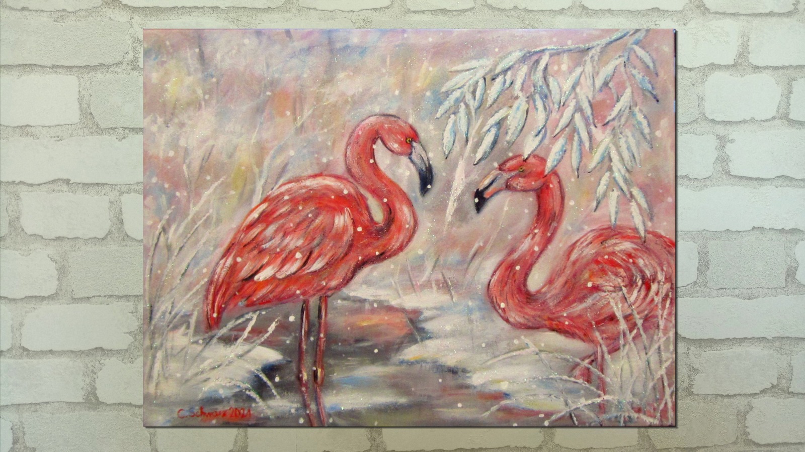 WINTER ROMANCE - handgemaltes Winterbild mit Flamingos auf Leinwand mit Glitter 80cmx60cm -