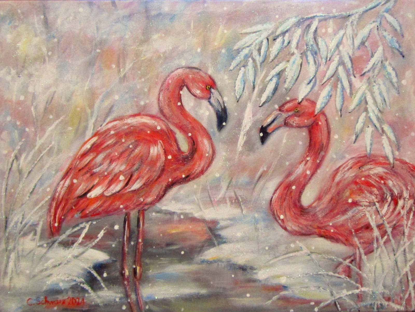 WINTER ROMANCE - handgemaltes Winterbild mit Flamingos auf Leinwand mit Glitter 80cmx60cm -