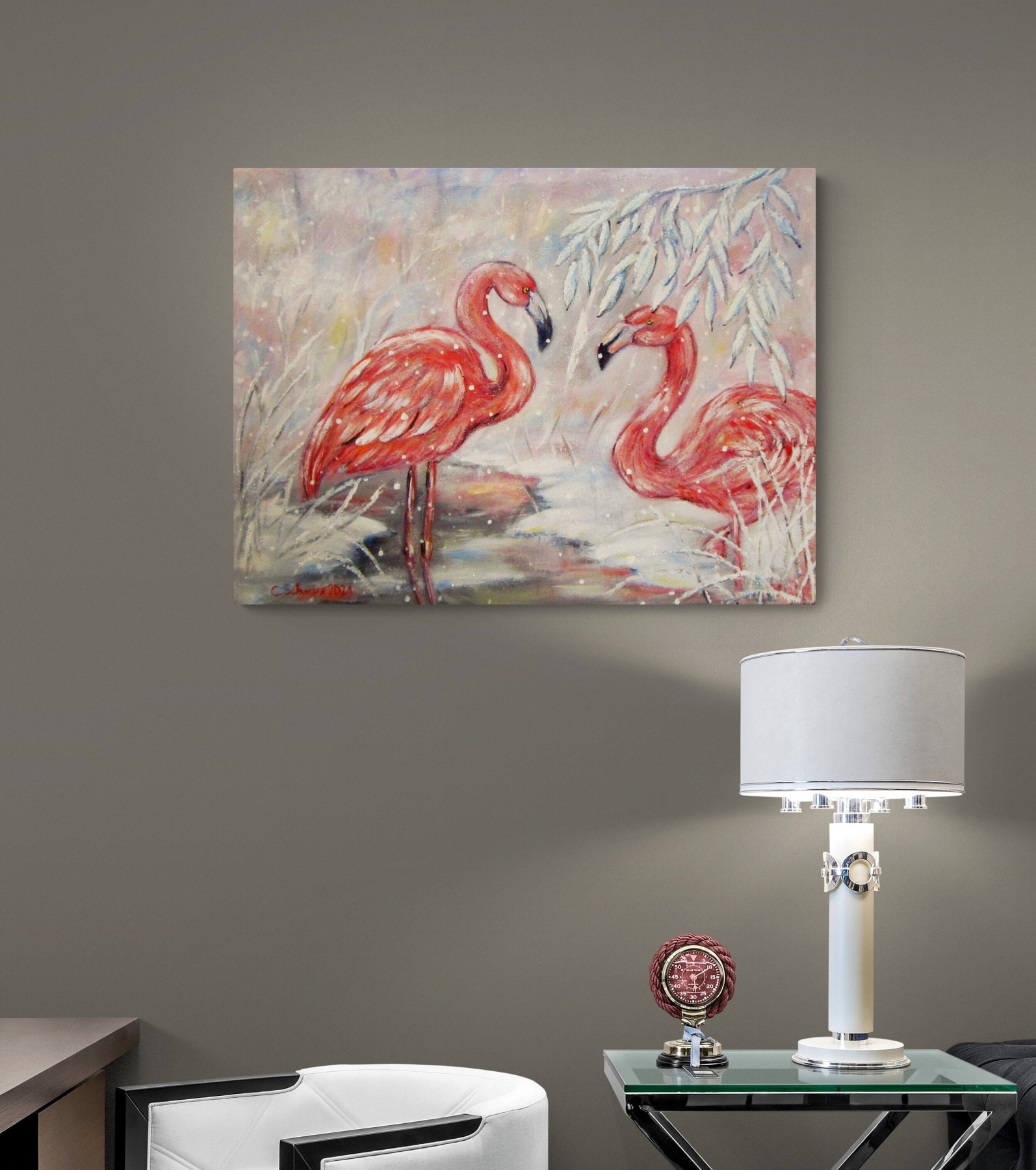 WINTER ROMANCE - handgemaltes Winterbild mit Flamingos auf Leinwand mit Glitter 80cmx60cm -