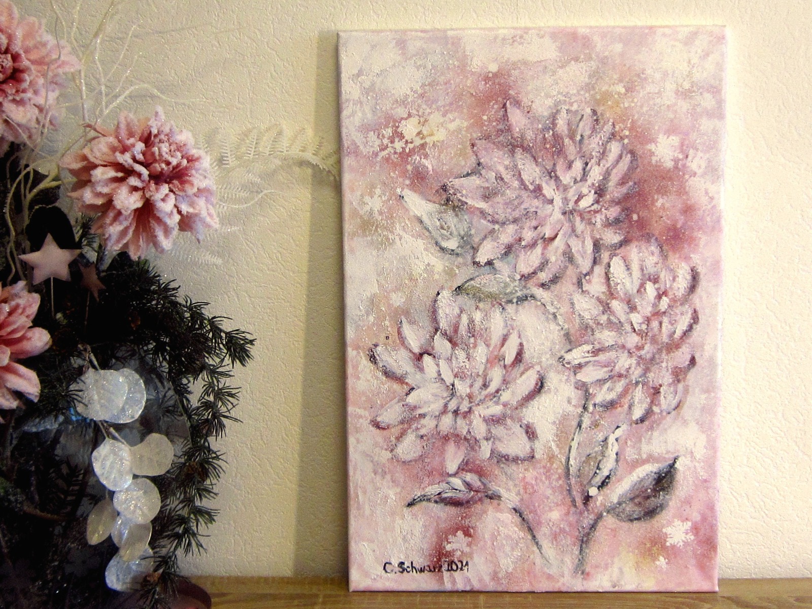 Mixed Media Bild FROSTIGE DAHLIEN 40cmx60cm - glitzerndes Blumenbild im Shabby Chic Look auf