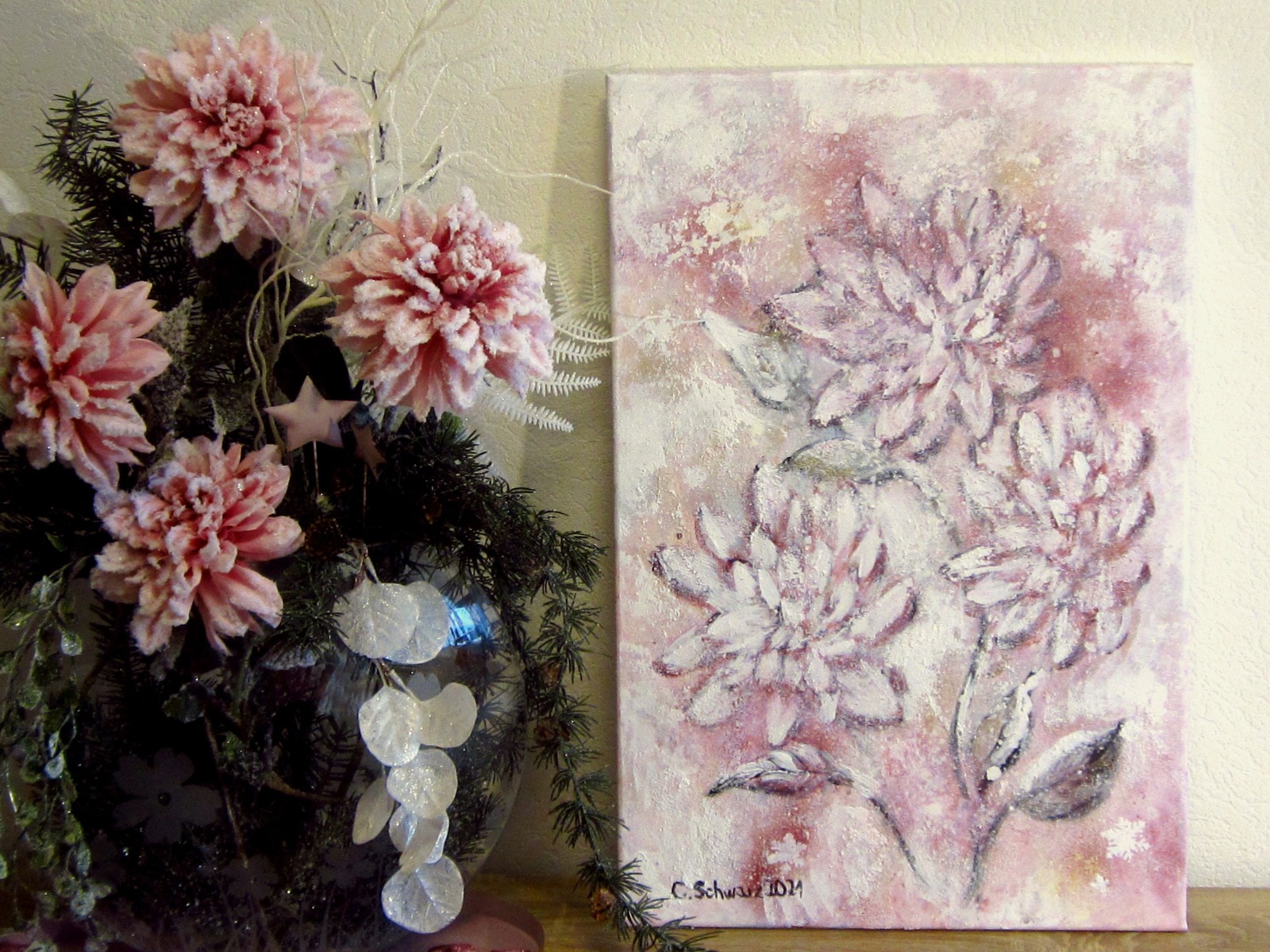 Mixed Media Bild FROSTIGE DAHLIEN 40cmx60cm - glitzerndes Blumenbild im Shabby Chic Look auf