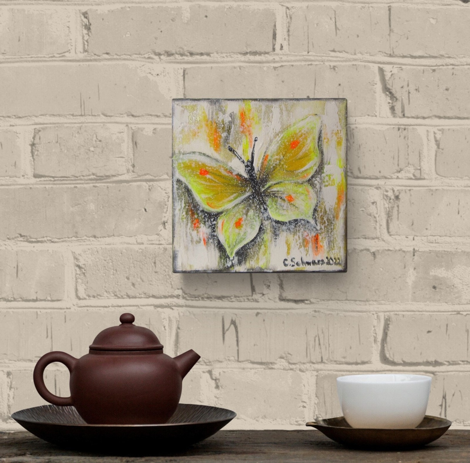 YELLOW BUTTERFLY - schickes Schmetterlingsbild auf Leinwand 20cmx20cm mit goldfarbigen Effekten -