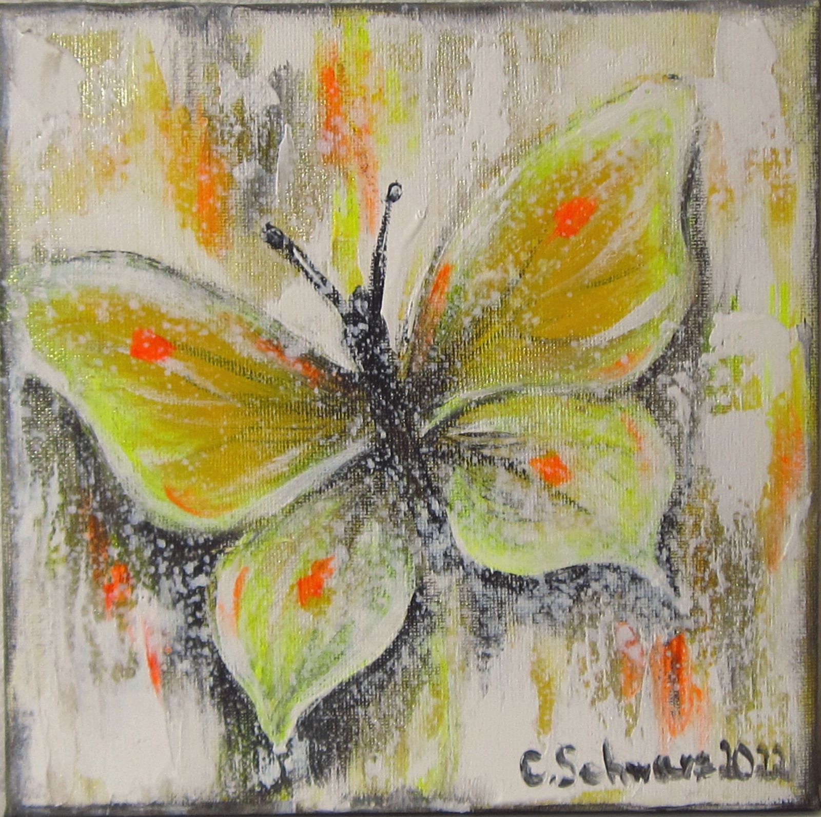 YELLOW BUTTERFLY - schickes Schmetterlingsbild auf Leinwand 20cmx20cm mit goldfarbigen Effekten -