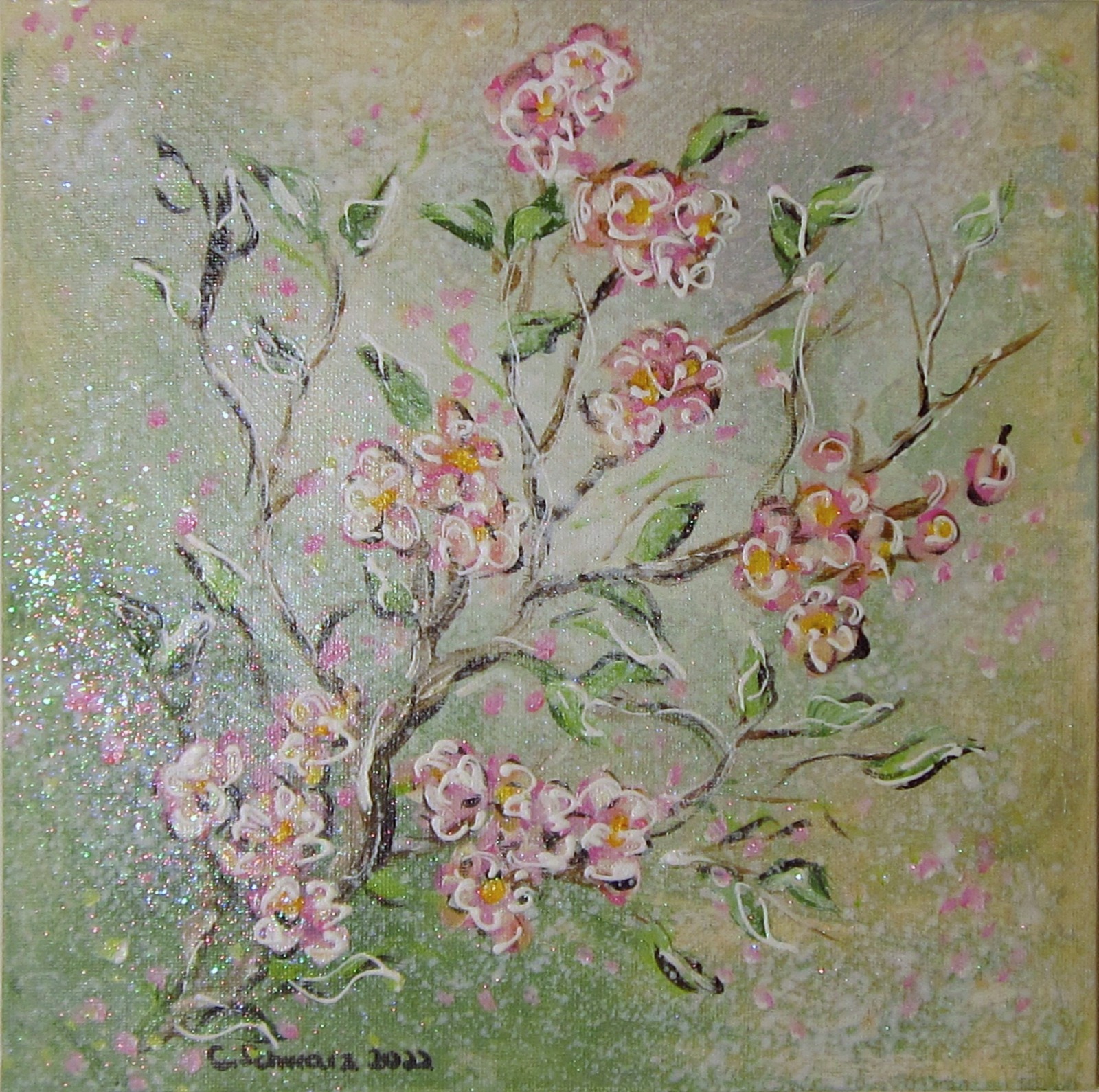 Cherry Blossoms / White Flowers - Acrylbilder auf MALKARTON je 25cmx25cm - wahlweise einzeln oder