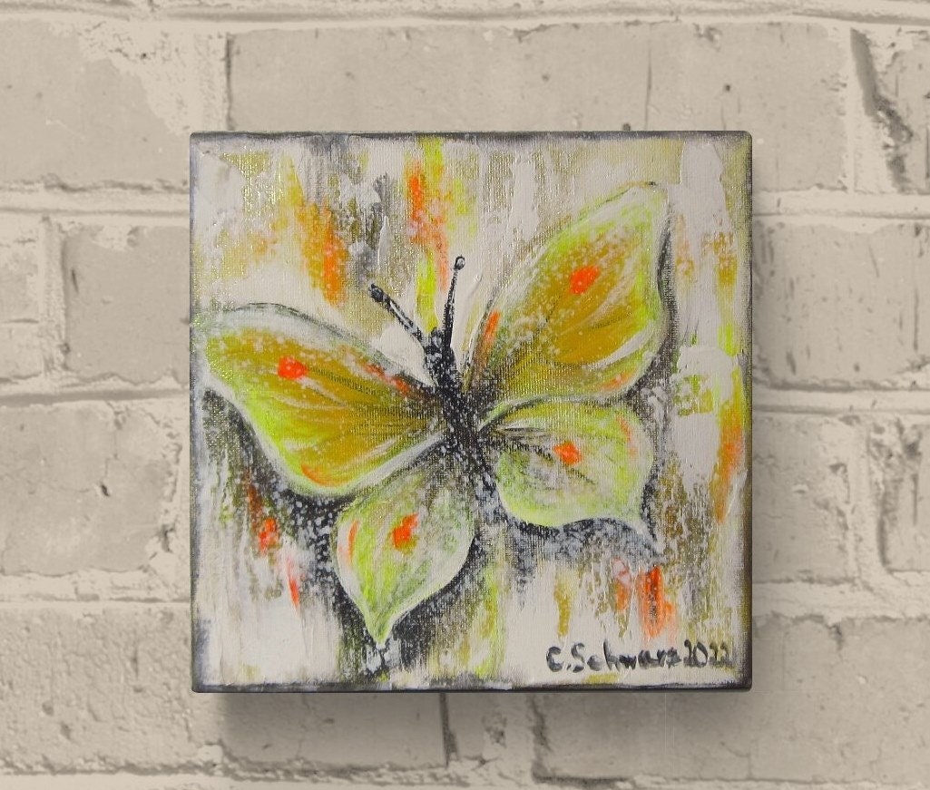 YELLOW BUTTERFLY - schickes Schmetterlingsbild auf Leinwand 20cmx20cm mit goldfarbigen Effekten -