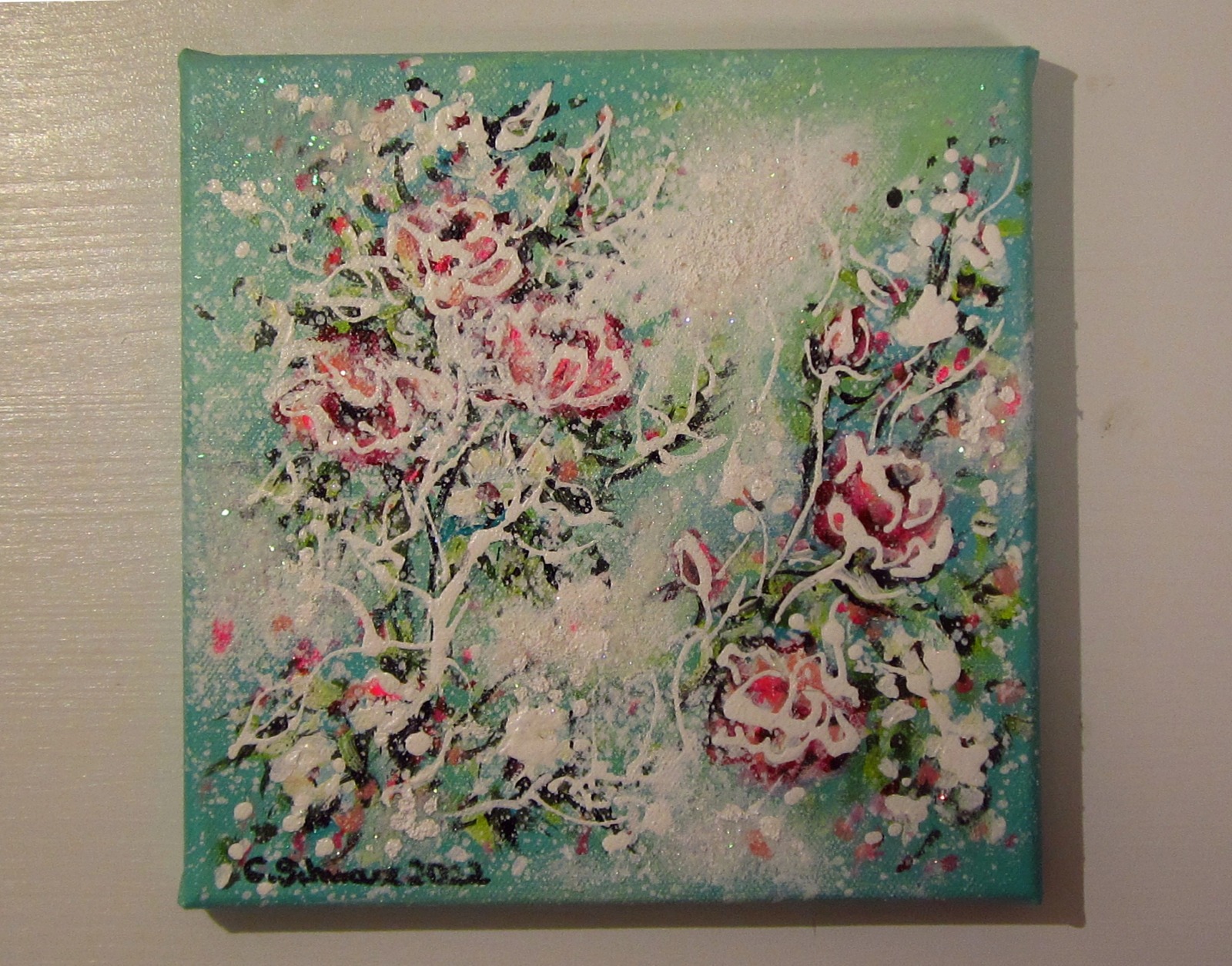 PINK-WHITE ROSES - Minibild auf Leinwand je 20cmx20cm mit Glitter und Strukturpaste