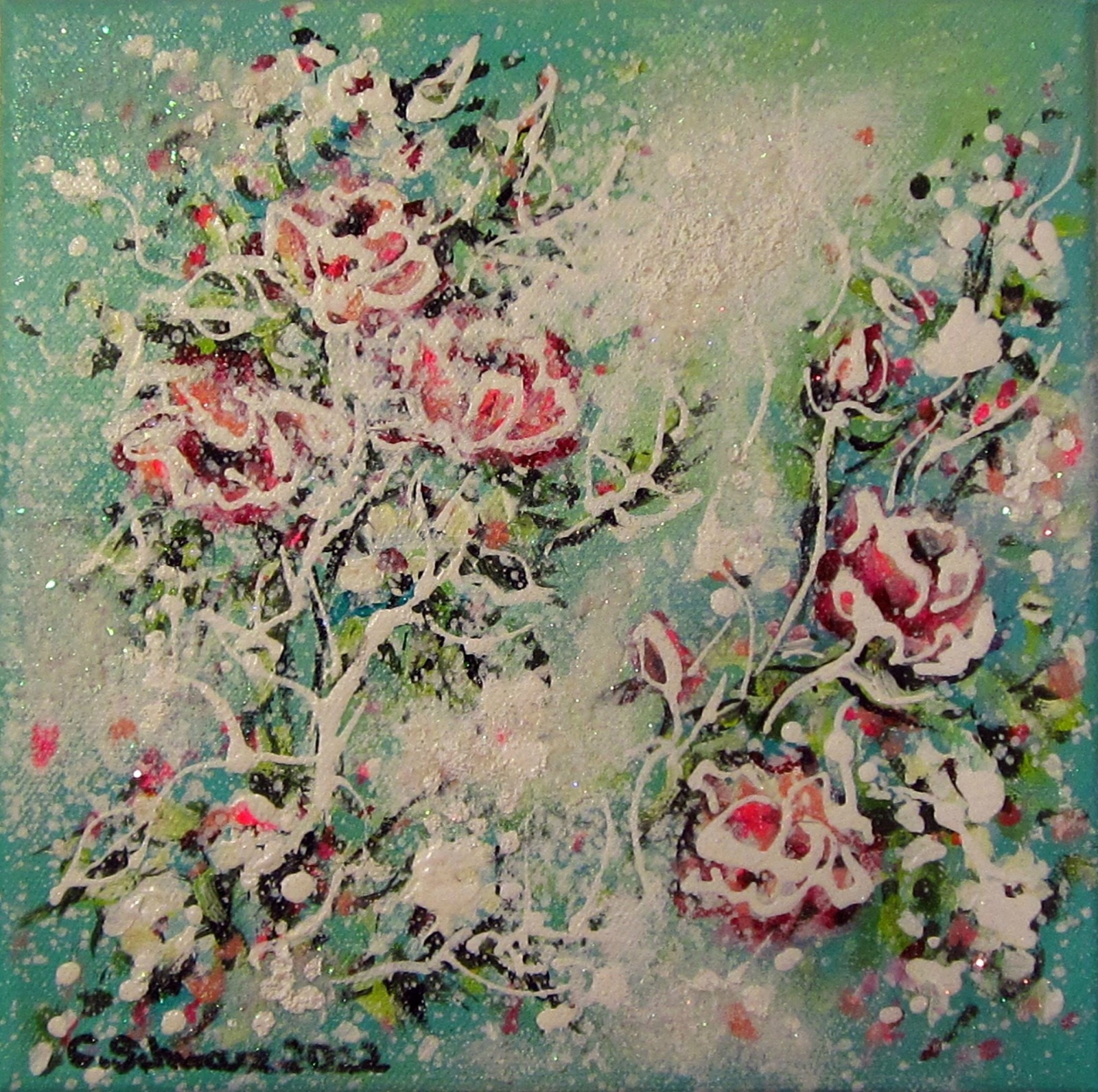 PINK-WHITE ROSES - Minibild auf Leinwand je 20cmx20cm mit Glitter und Strukturpaste 2