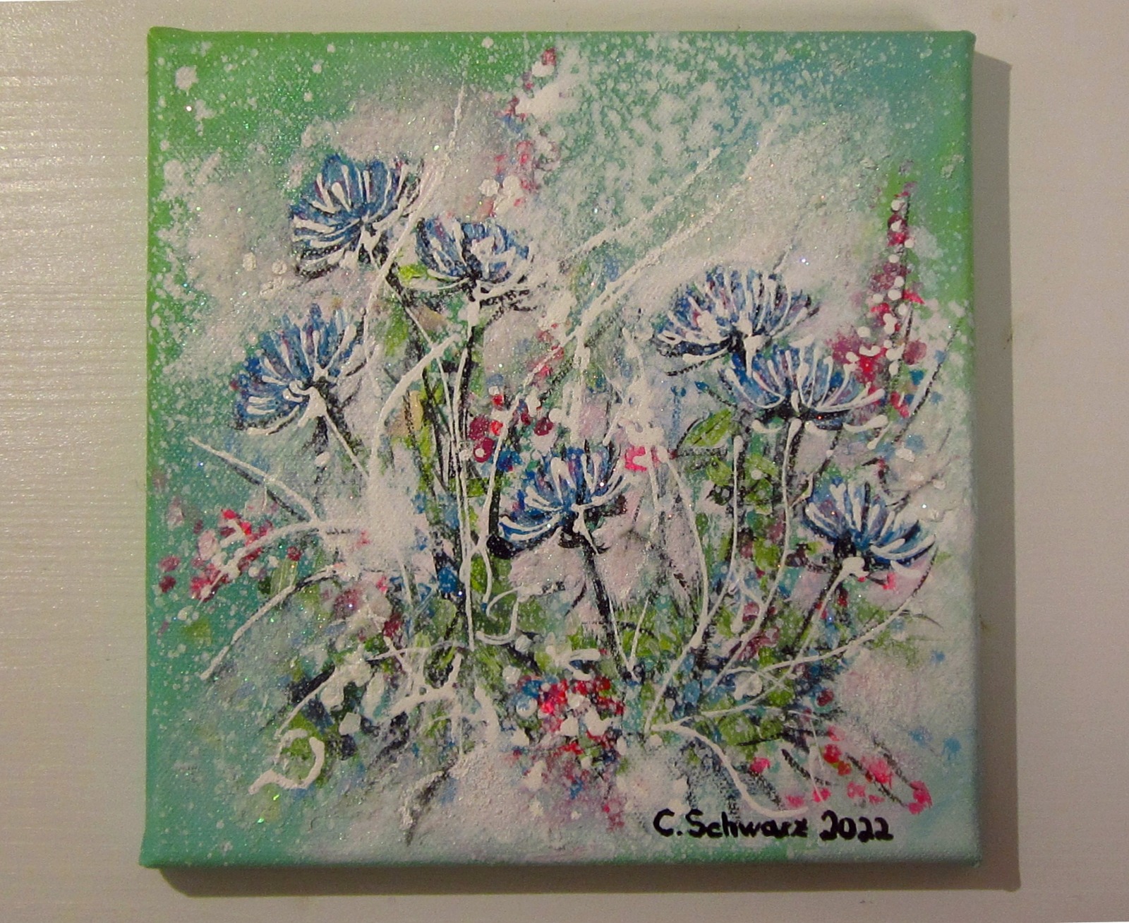 BLUE WILDFLOWERS - Minibild auf Leinwand je 20cmx20cm mit Glitter und Strukturpaste