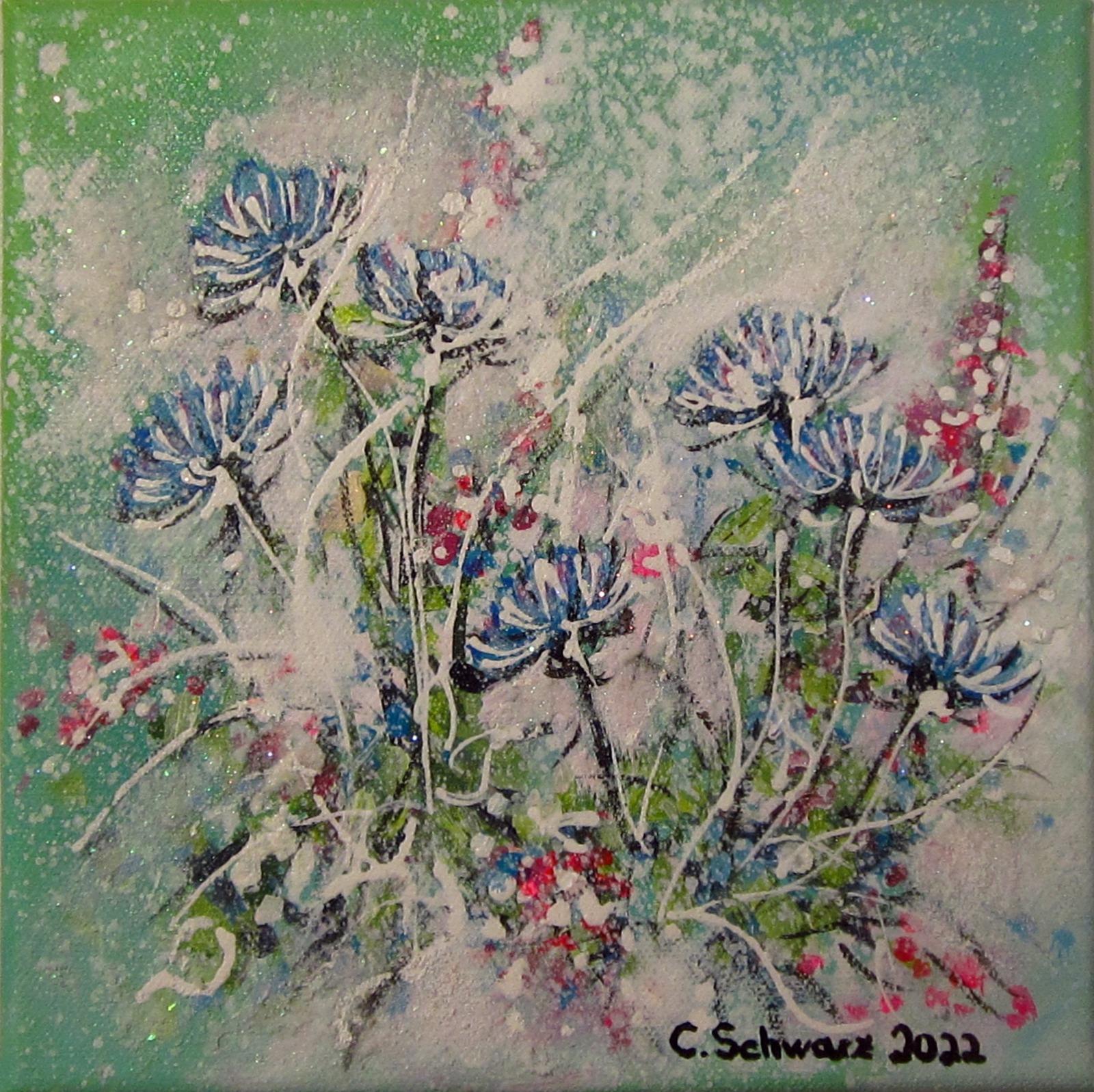 BLUE WILDFLOWERS - Minibild auf Leinwand je 20cmx20cm mit Glitter und Strukturpaste 2