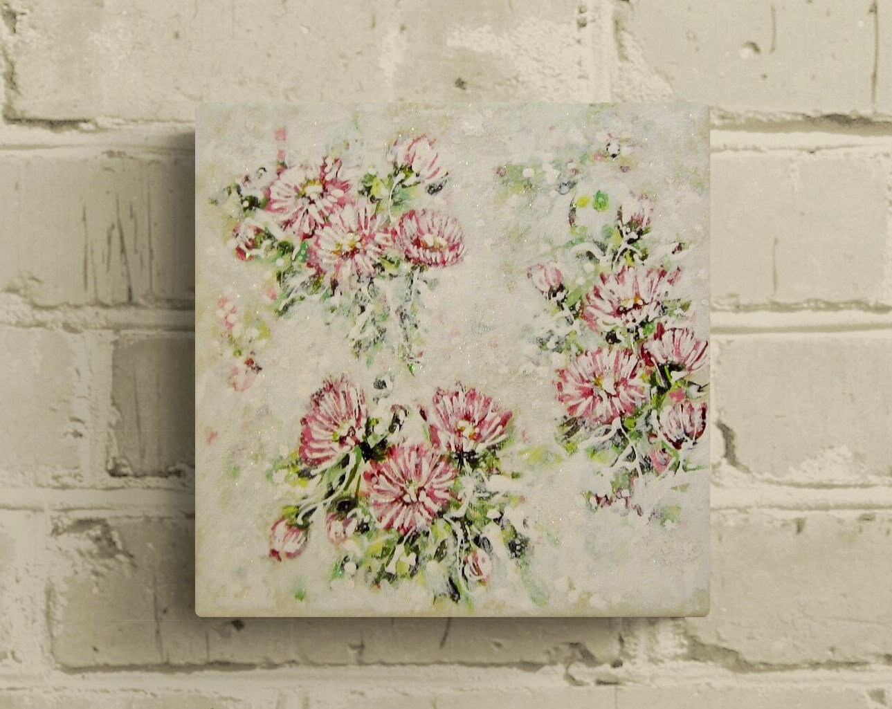 ROSA GÄNSEBLÜMCHEN - kleines Blütenbild auf Leinwand 20cmx20cm mit Glitter und Strukturpaste