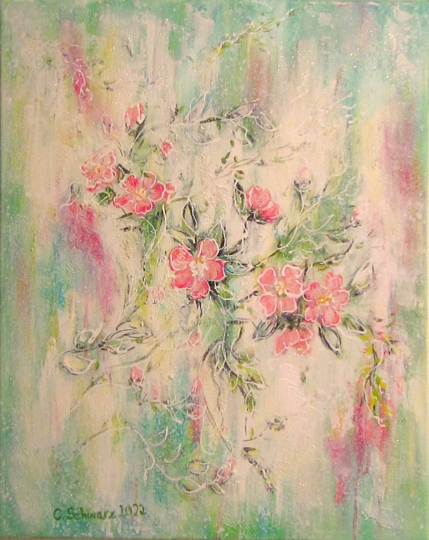 LOVELY WILD ROSES - kunstvolles Wildrosenbild mit Glitter und Strukturpaste 40cmx50cm 3