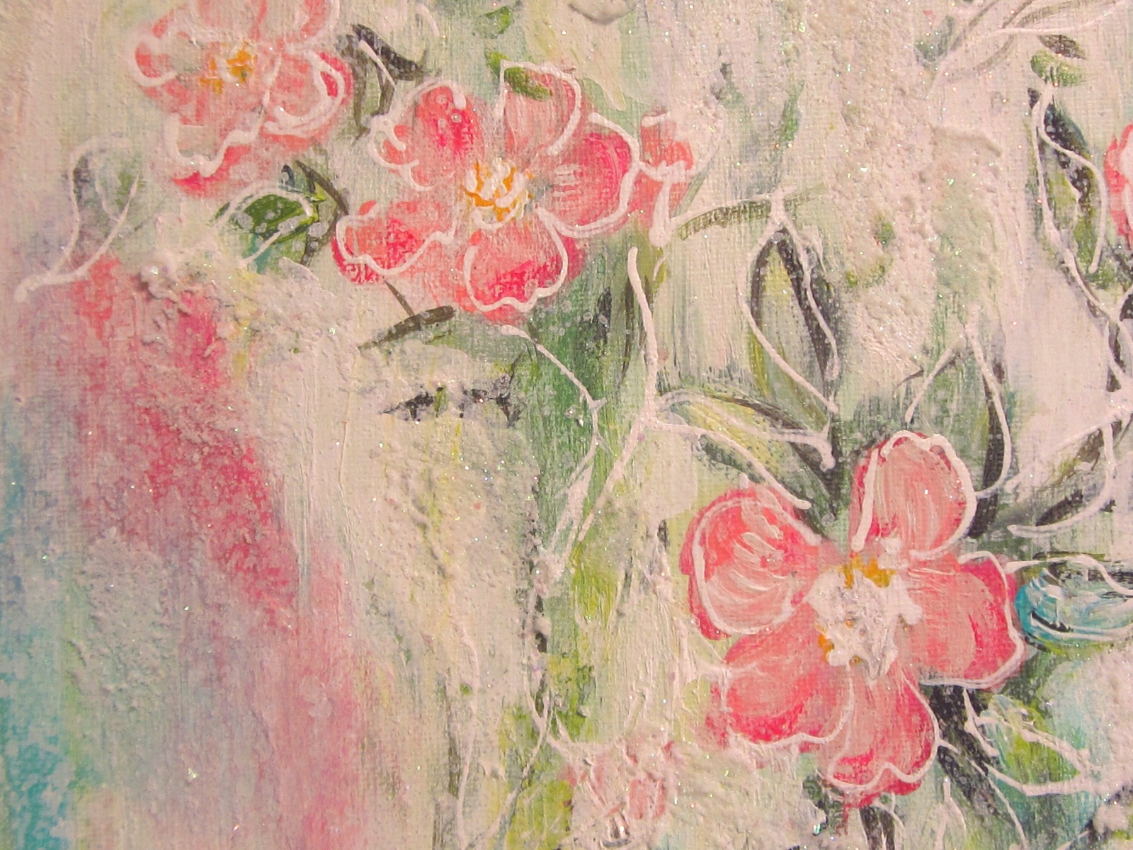 LOVELY WILD ROSES - kunstvolles Wildrosenbild mit Glitter und Strukturpaste 40cmx50cm 6