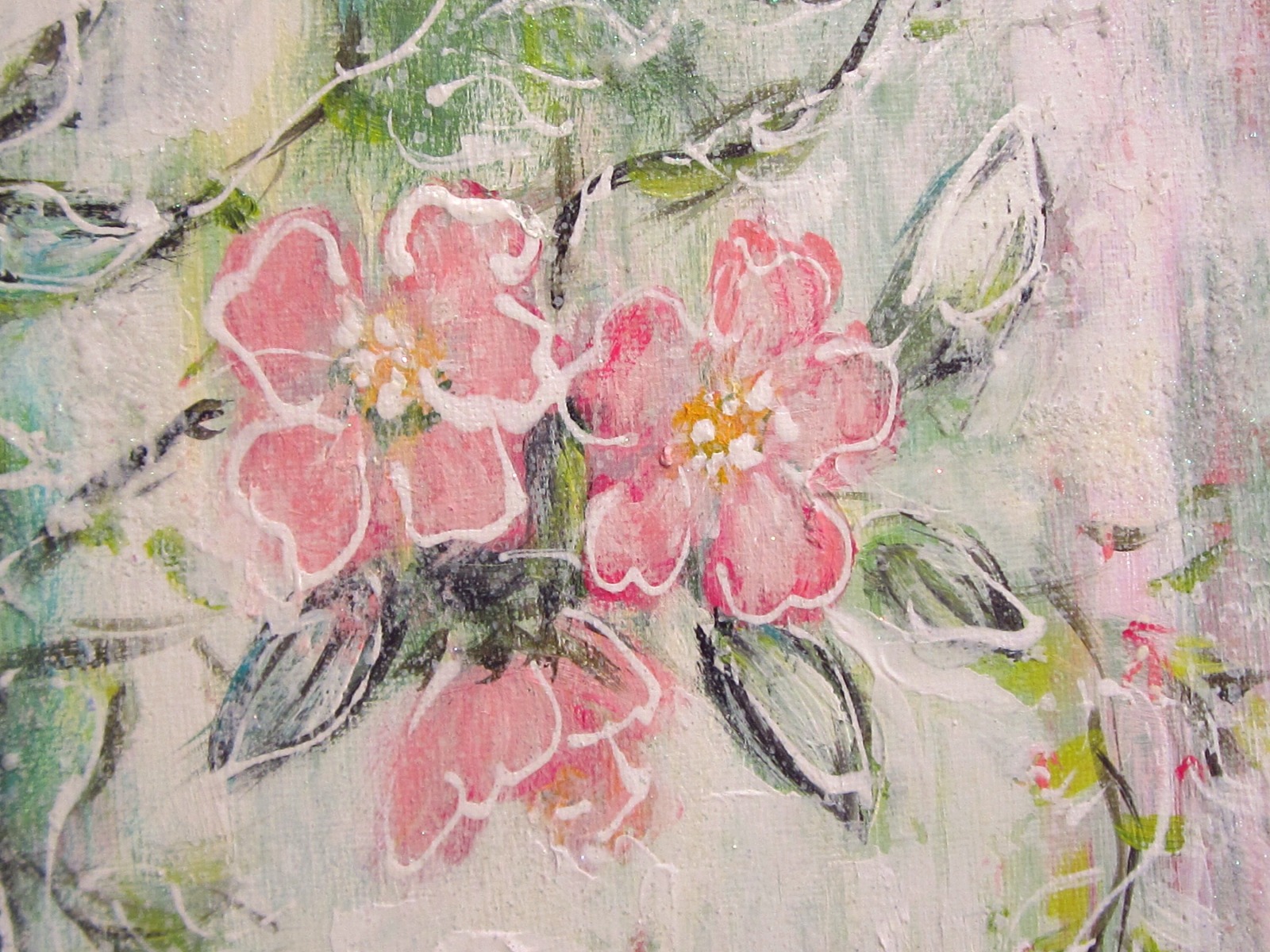 LOVELY WILD ROSES - kunstvolles Wildrosenbild mit Glitter und Strukturpaste 40cmx50cm 7