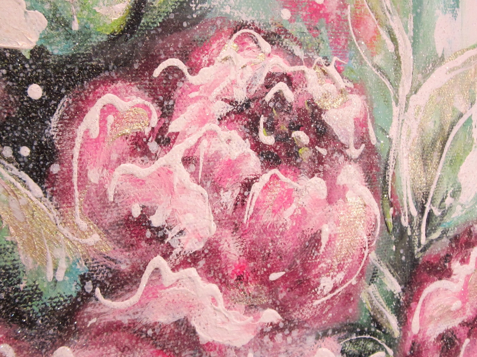 SOFT PINK ROSES - romantisches Blumenbild mit Glitter 60cmx60cm - abstrakt gemalte Rosen von