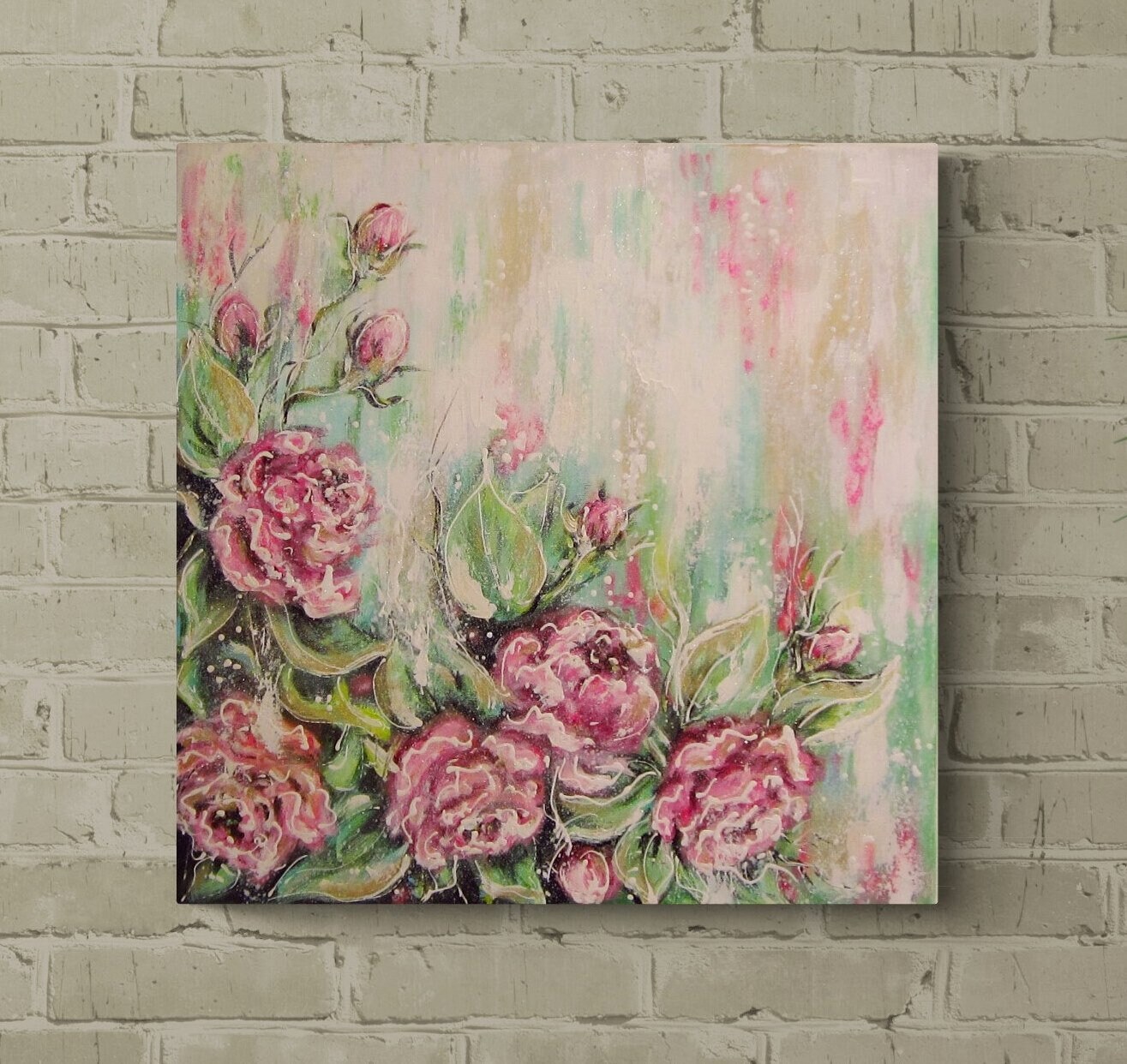 SOFT PINK ROSES - romantisches Blumenbild mit Glitter 60cmx60cm - abstrakt gemalte Rosen von