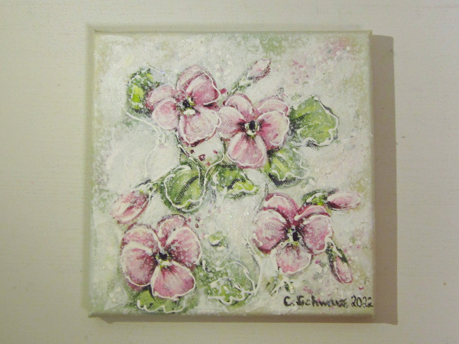 ROSA STIEFMÜTTERCHEN - kleines Stiefmütterchenbild auf Leinwand je 20cmx20cm mit Glitter und