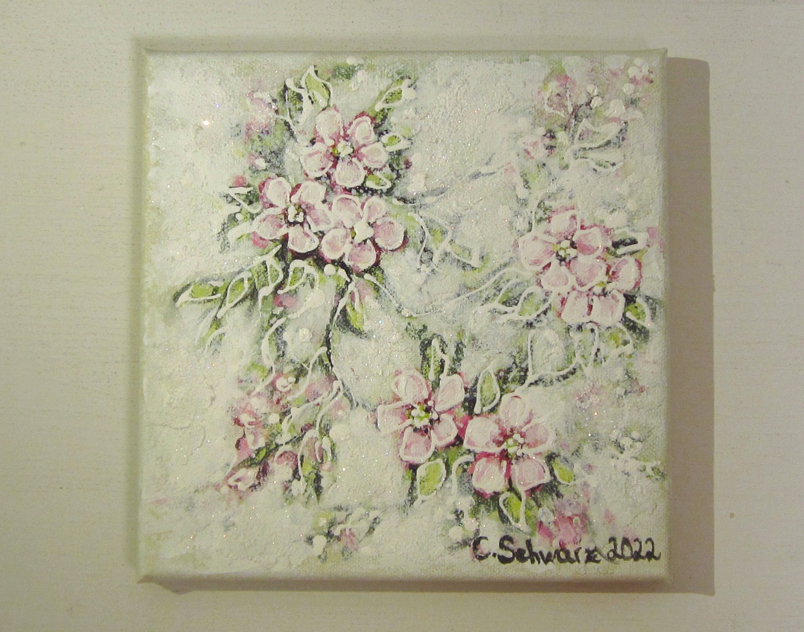 APFELBLÜTEN - kleines Blütenbild auf Leinwand je 20cmx20cm mit Glitter und Strukturpaste 4