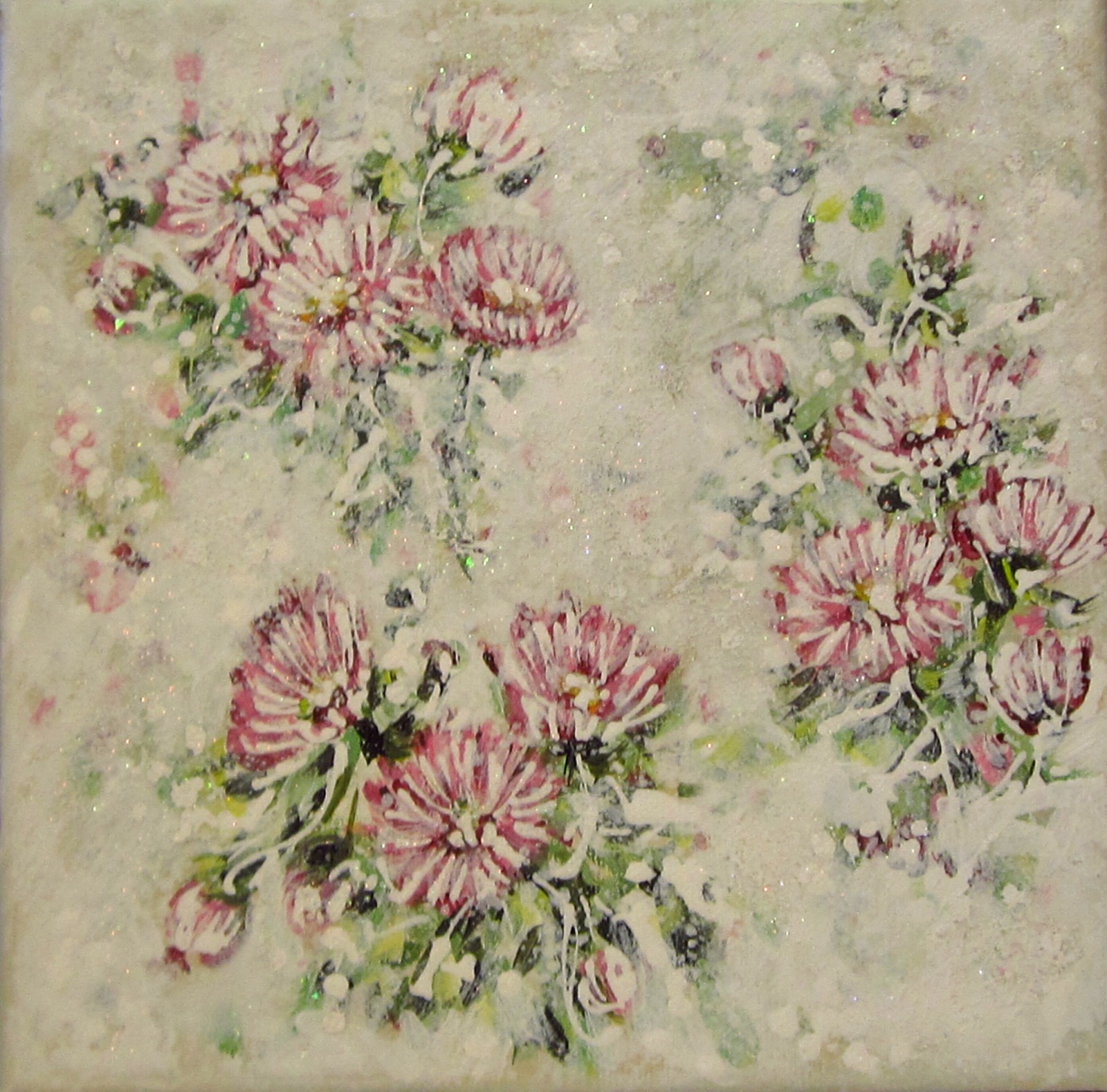 ROSA GÄNSEBLÜMCHEN - kleines Blütenbild auf Leinwand 20cmx20cm mit Glitter und Strukturpaste 4