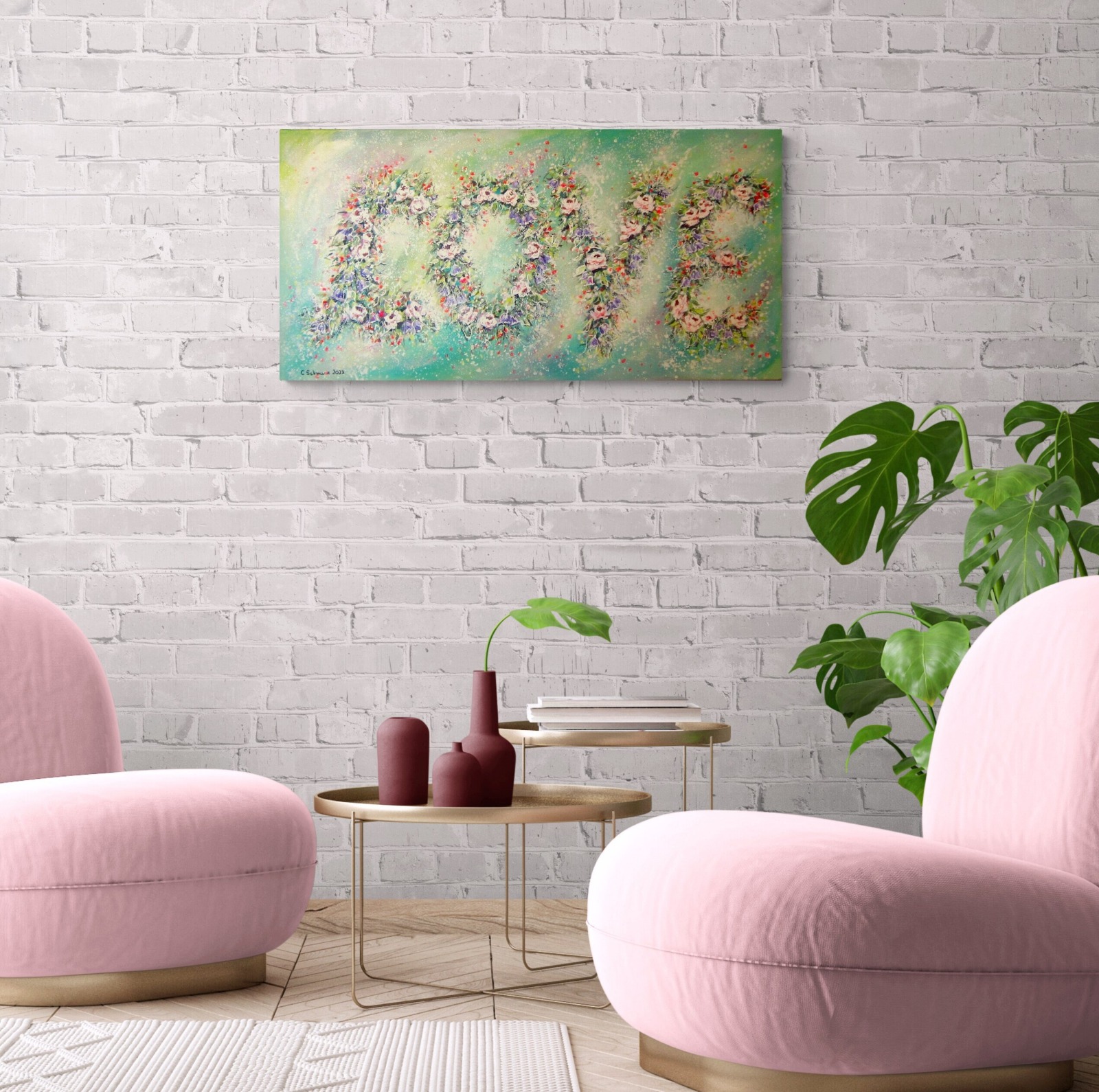 LOVE - romantisches Blumenbild mit Glitter 100cmx50cm - rosa Rosen und Glockenblumen gemalt mit