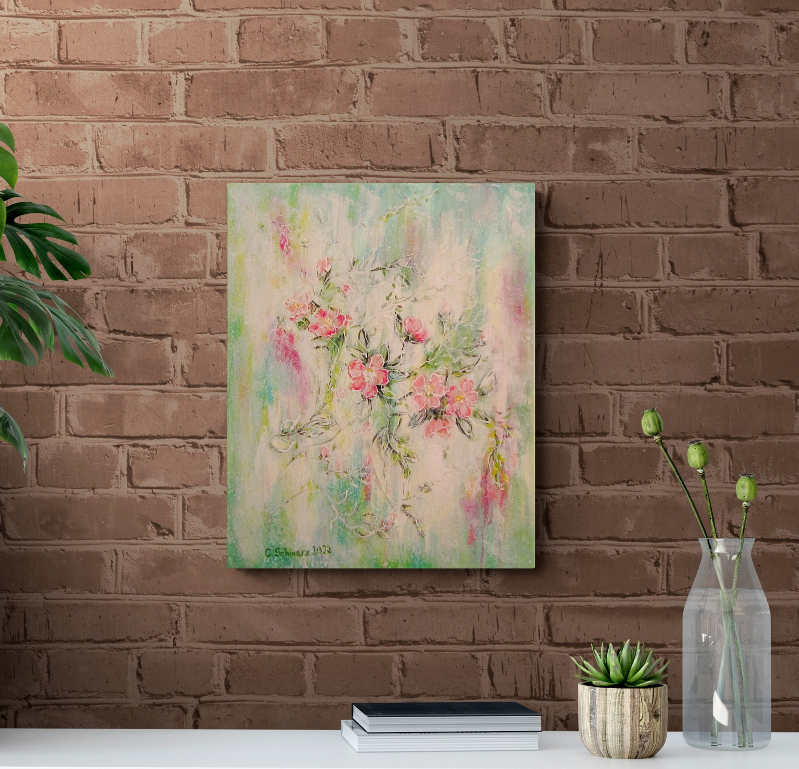 LOVELY WILD ROSES - kunstvolles Wildrosenbild mit Glitter und Strukturpaste 40cmx50cm 2