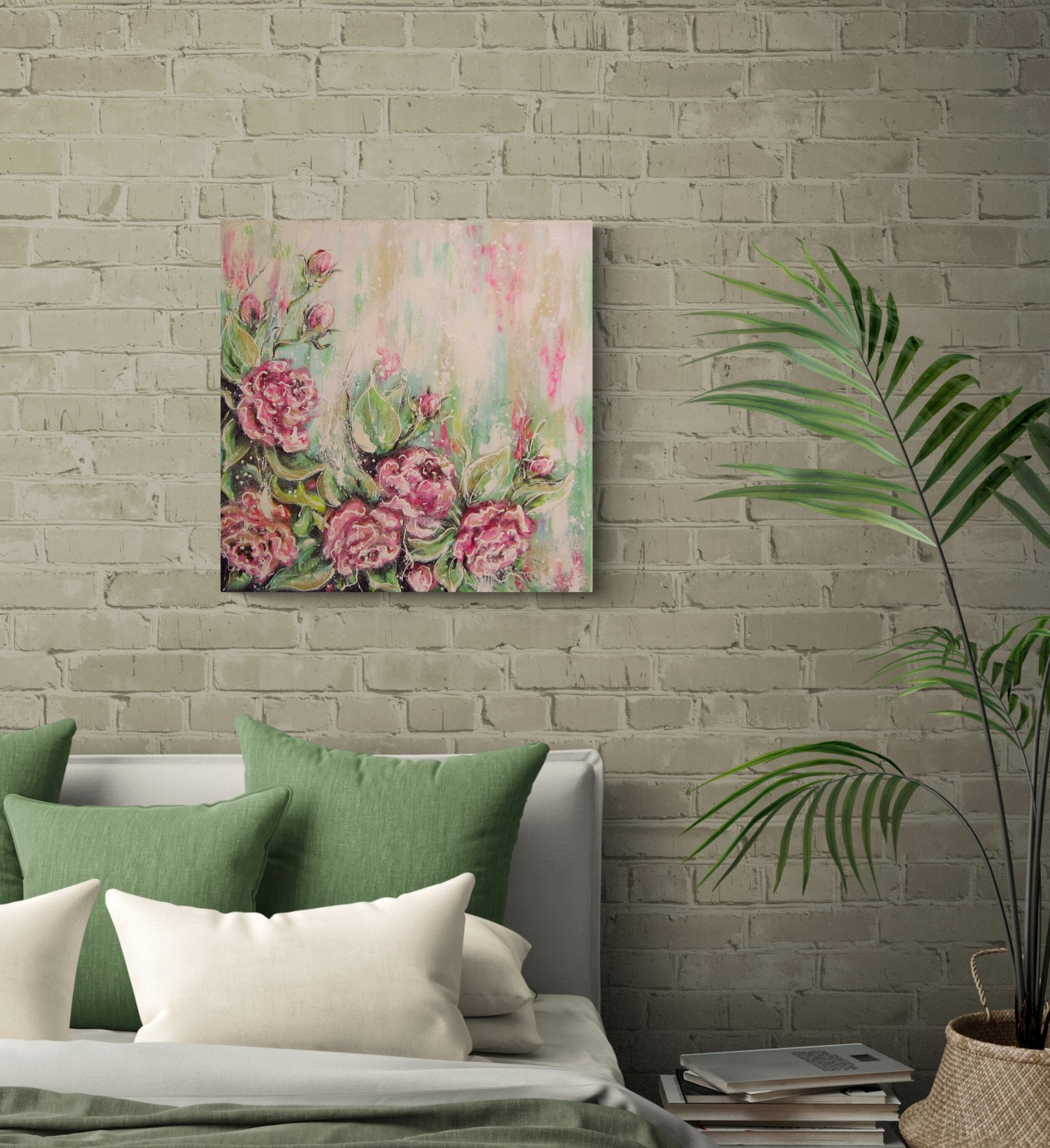 SOFT PINK ROSES - romantisches Blumenbild mit Glitter 60cmx60cm - abstrakt gemalte Rosen von