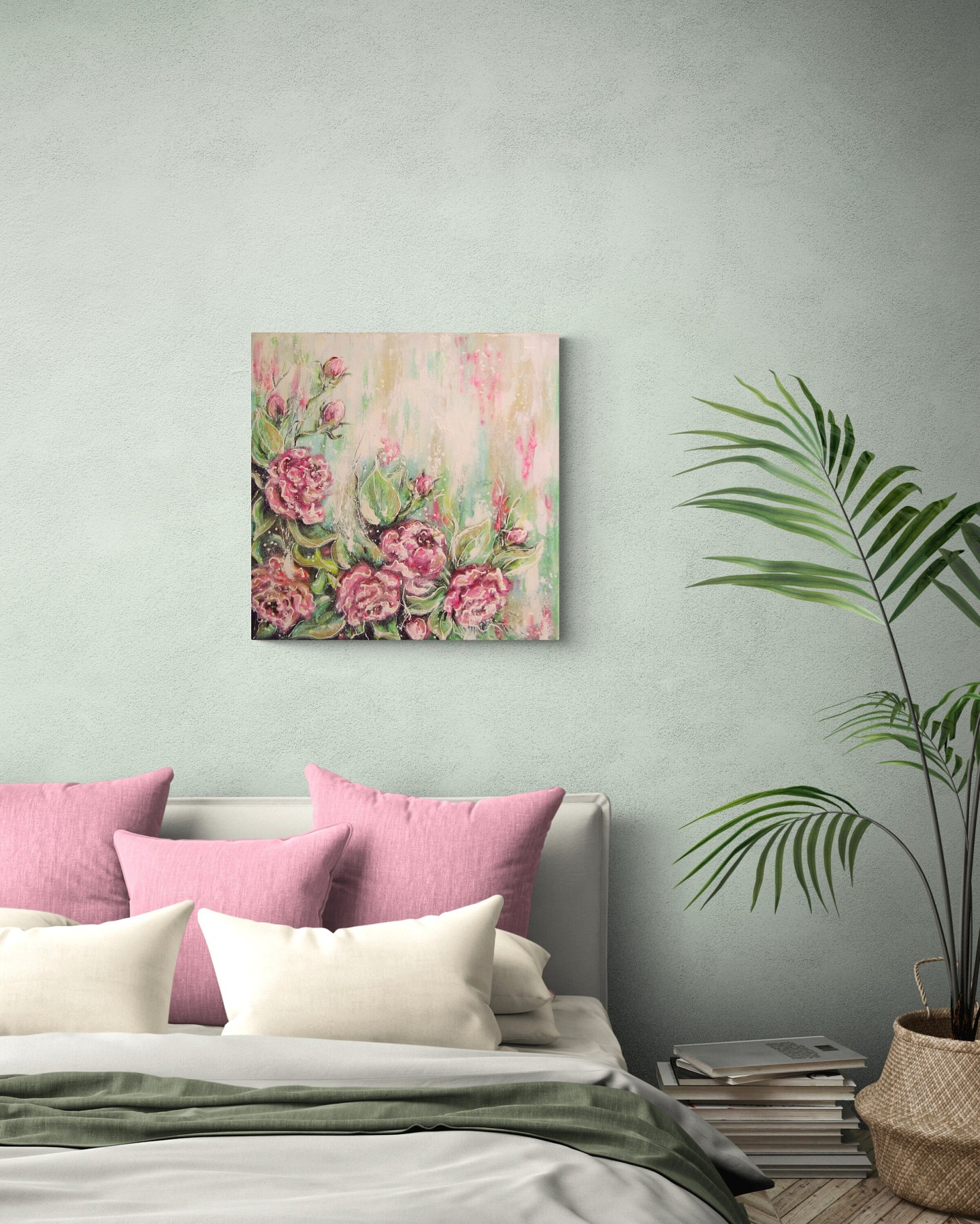 SOFT PINK ROSES - romantisches Blumenbild mit Glitter 60cmx60cm - abstrakt gemalte Rosen von