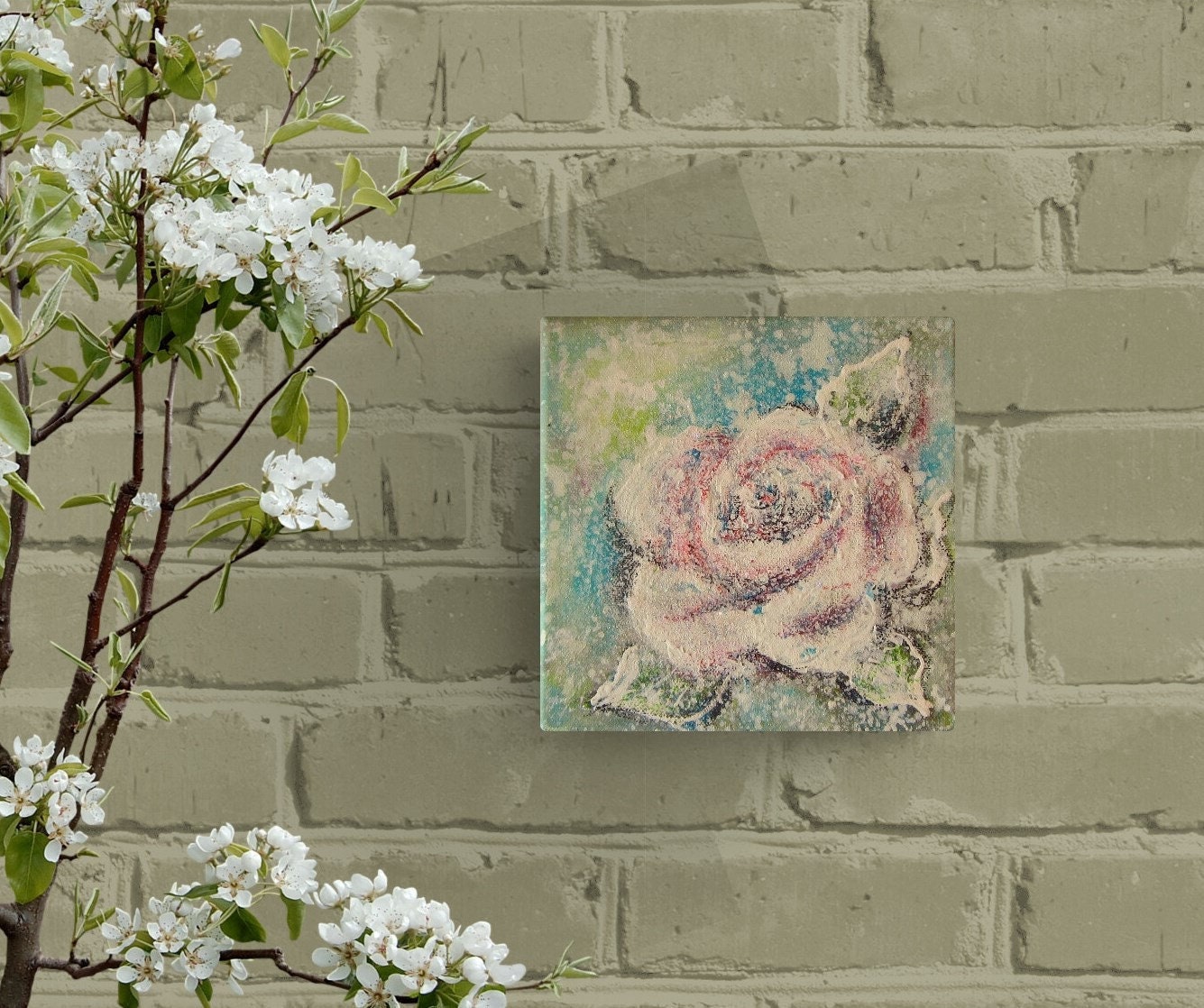 ABSTRAKTE ROSE II - kleines Rosenbild auf Leinwand 20cmx20cm mit Glitter im Shabby Look -