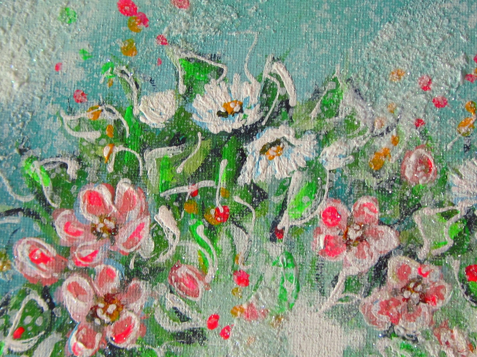 BLÜTENHERZ mit Apfelblüten und Gänseblümchen mintfarbig - romantisches Blumenbild mit Glitter