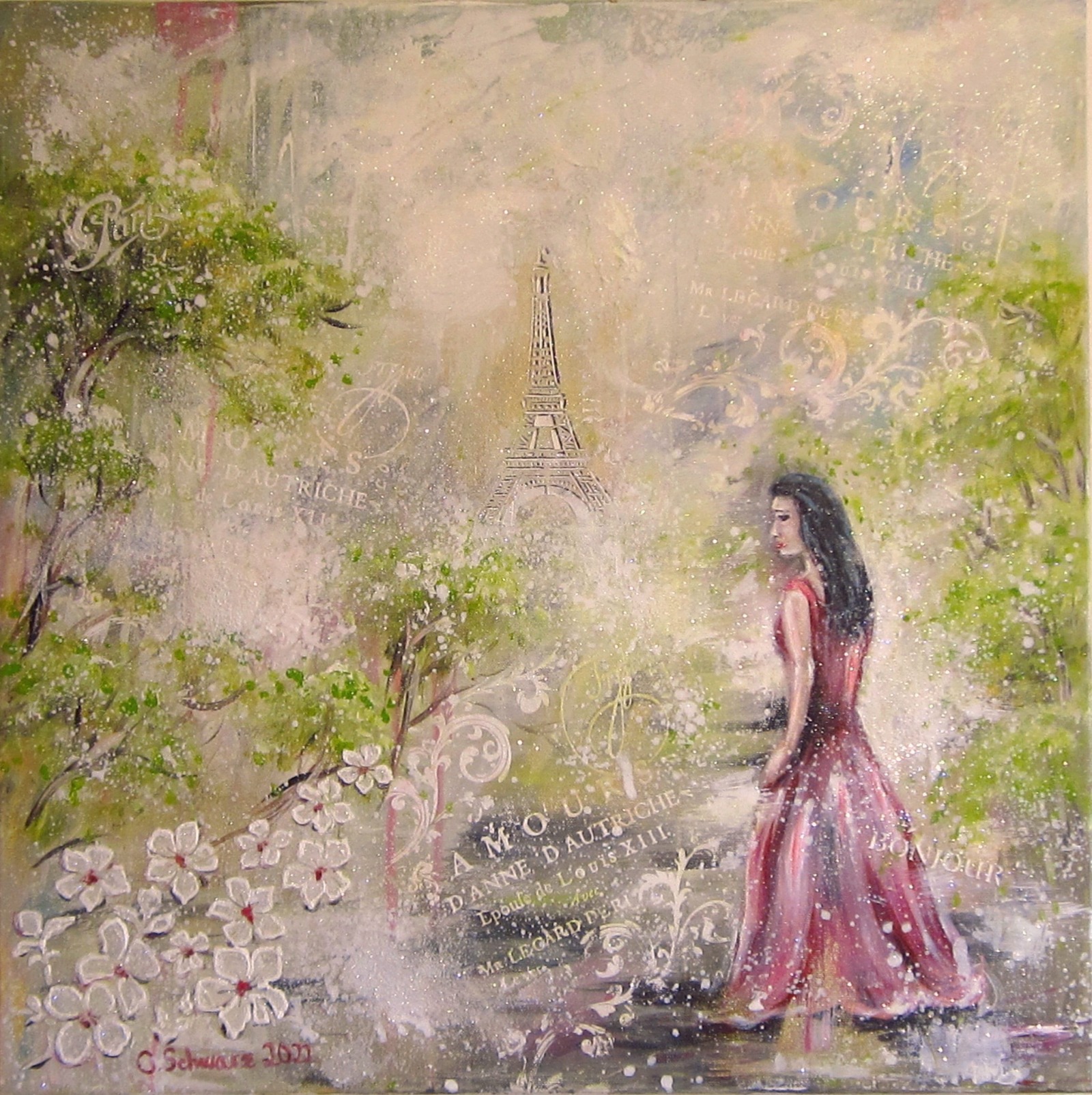 FRÜHLING IN PARIS - Shabby chic / Mixed media Bild mit Strukturpaste und Glitter 60cmx60cm 5