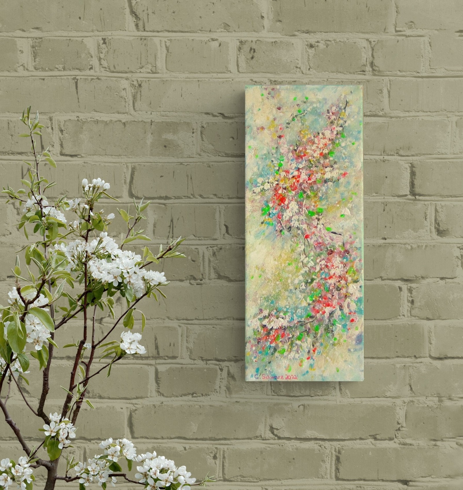 SPRING THOUGHTS - abstraktes Leinwandbild 20cmx50cm mit goldfarbigem Glitter- Christiane Schwarz