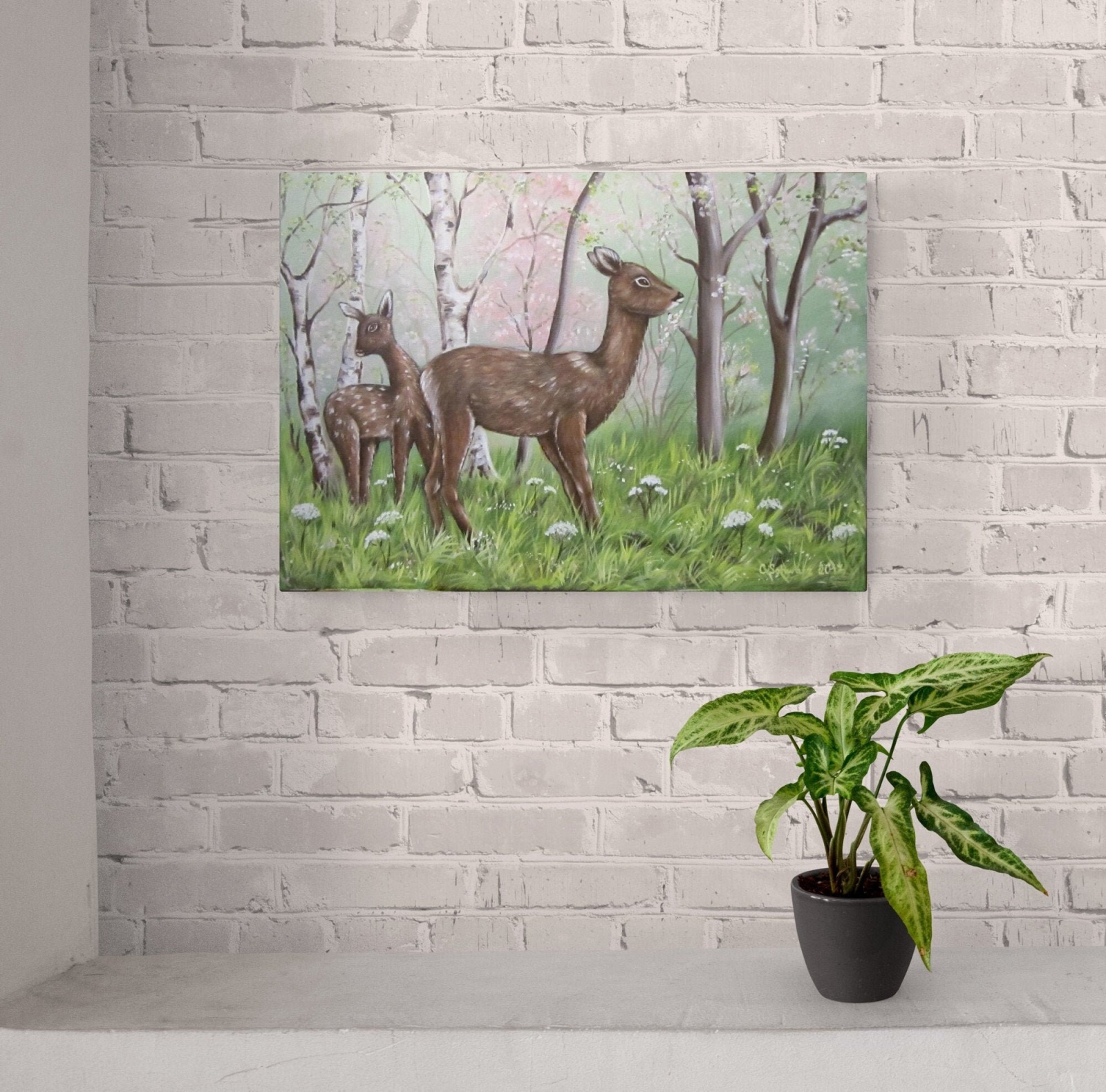 Acrylgemälde Frühlingserwachen - Rehe Gemalt Kunst Bild Kitz Leinwand 70cmx50cm - Acrylmalerei