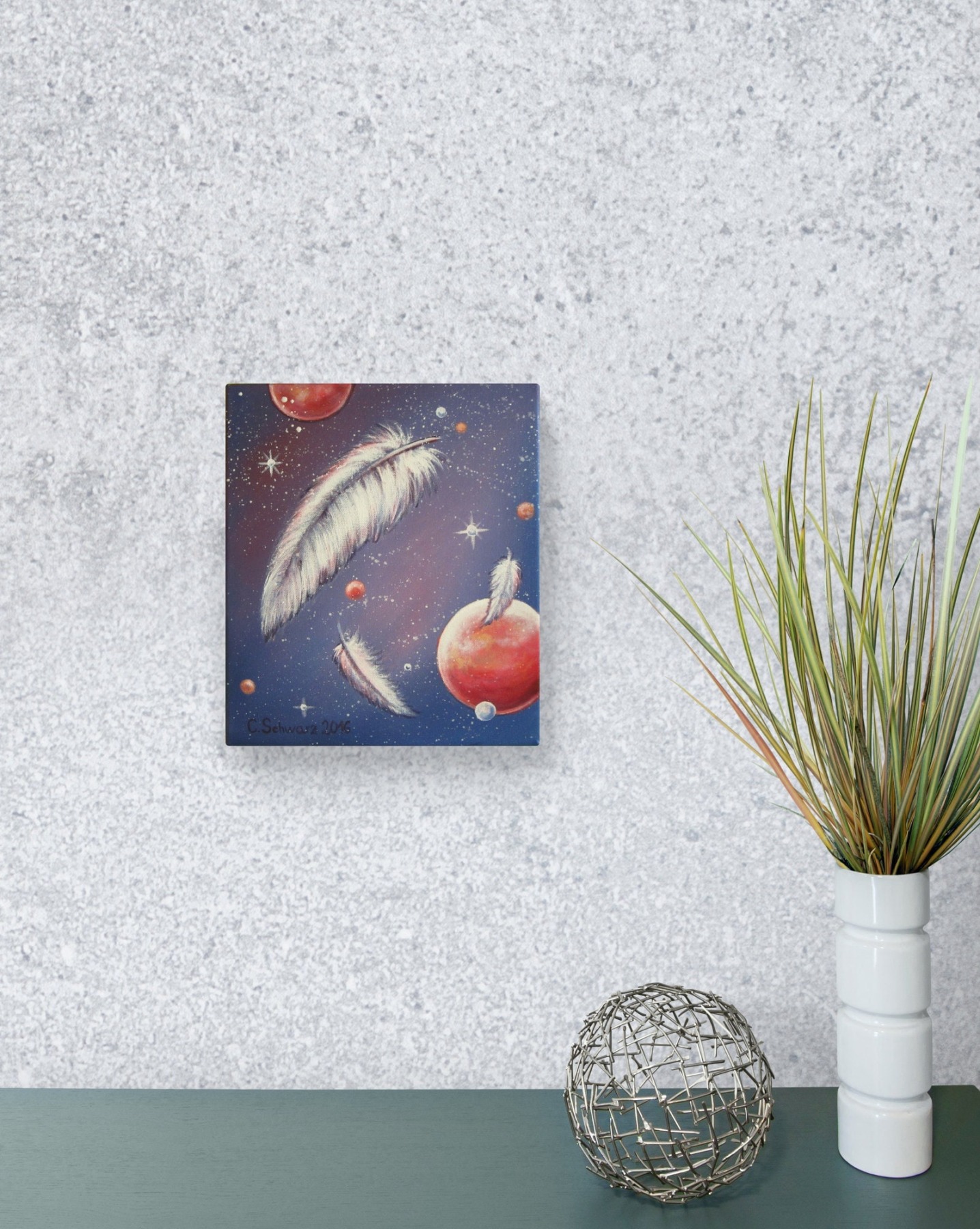 Acrylgemälde FEATHERS IN SPACE - Geschenk Bild Federn abstrakt Unikat 26cmx30cm