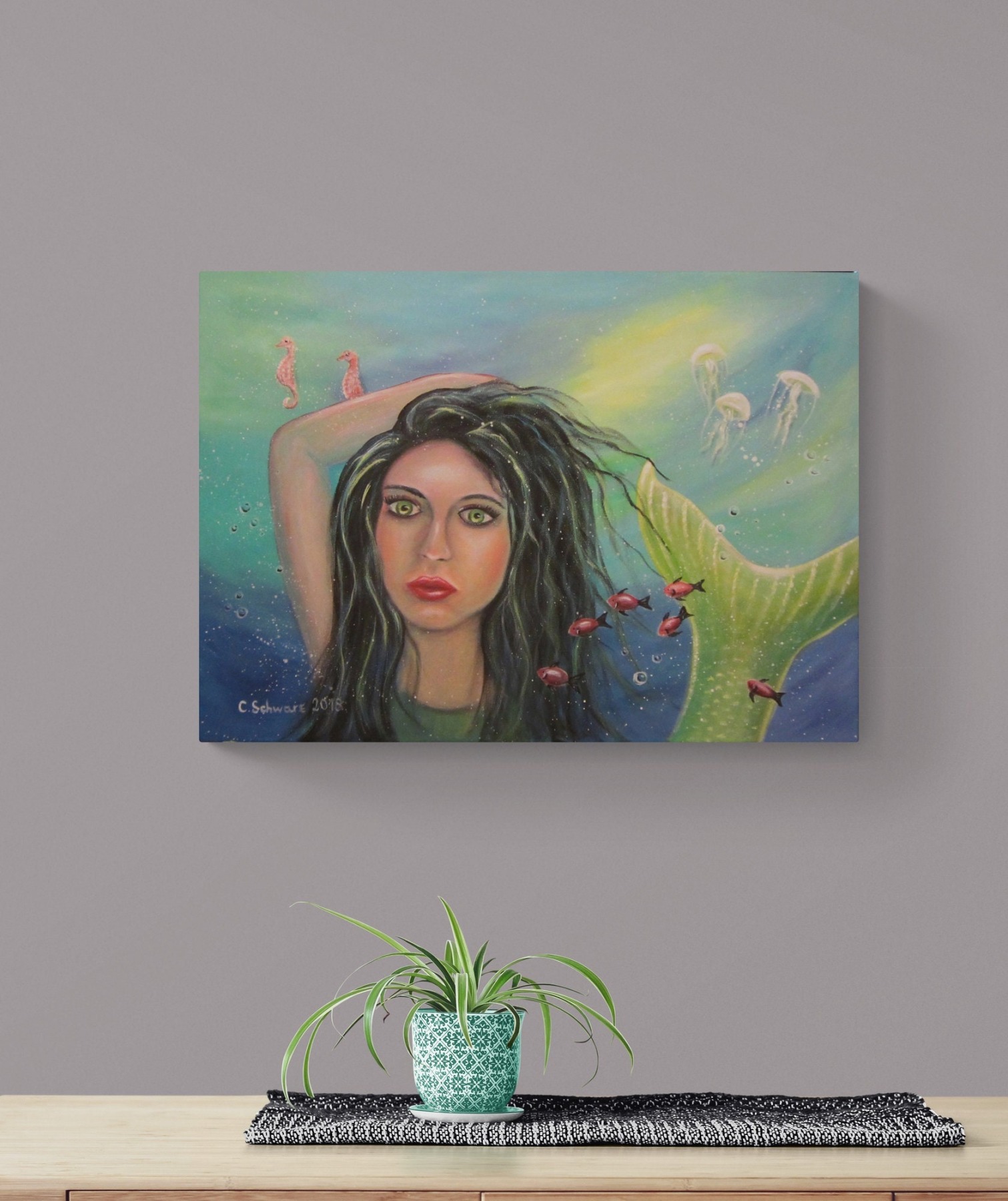 Pretty Mermaid- surrealistisches Meerjungfrauenbild Unikat Original Portrait Acryl Dekobild