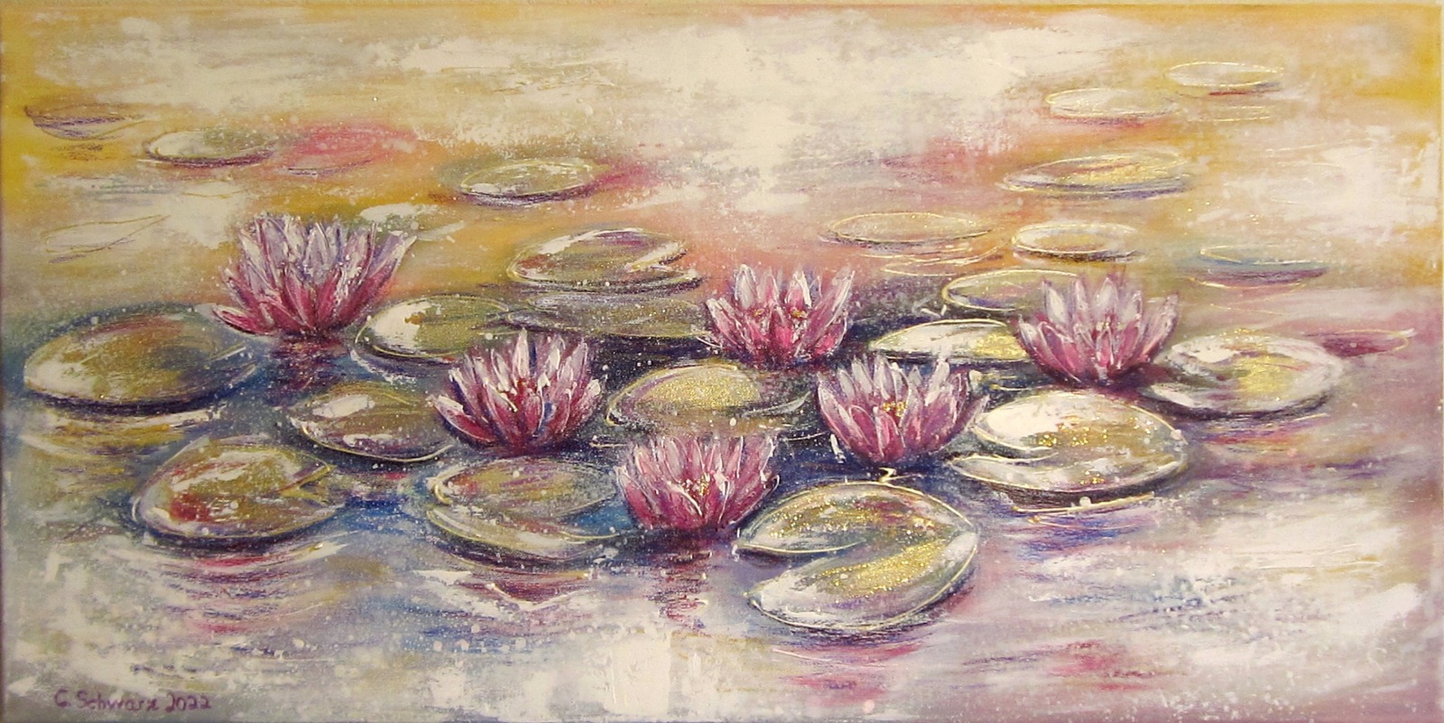 WHISPERING WATER LILIES - abstraktes Acrylbild 80cmx40cm mit rosa Seerosen und Glitter auf Leinwand