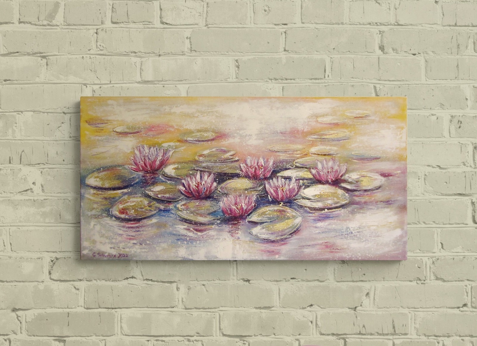 WHISPERING WATER LILIES - abstraktes Acrylbild 80cmx40cm mit rosa Seerosen und Glitter auf Leinwand