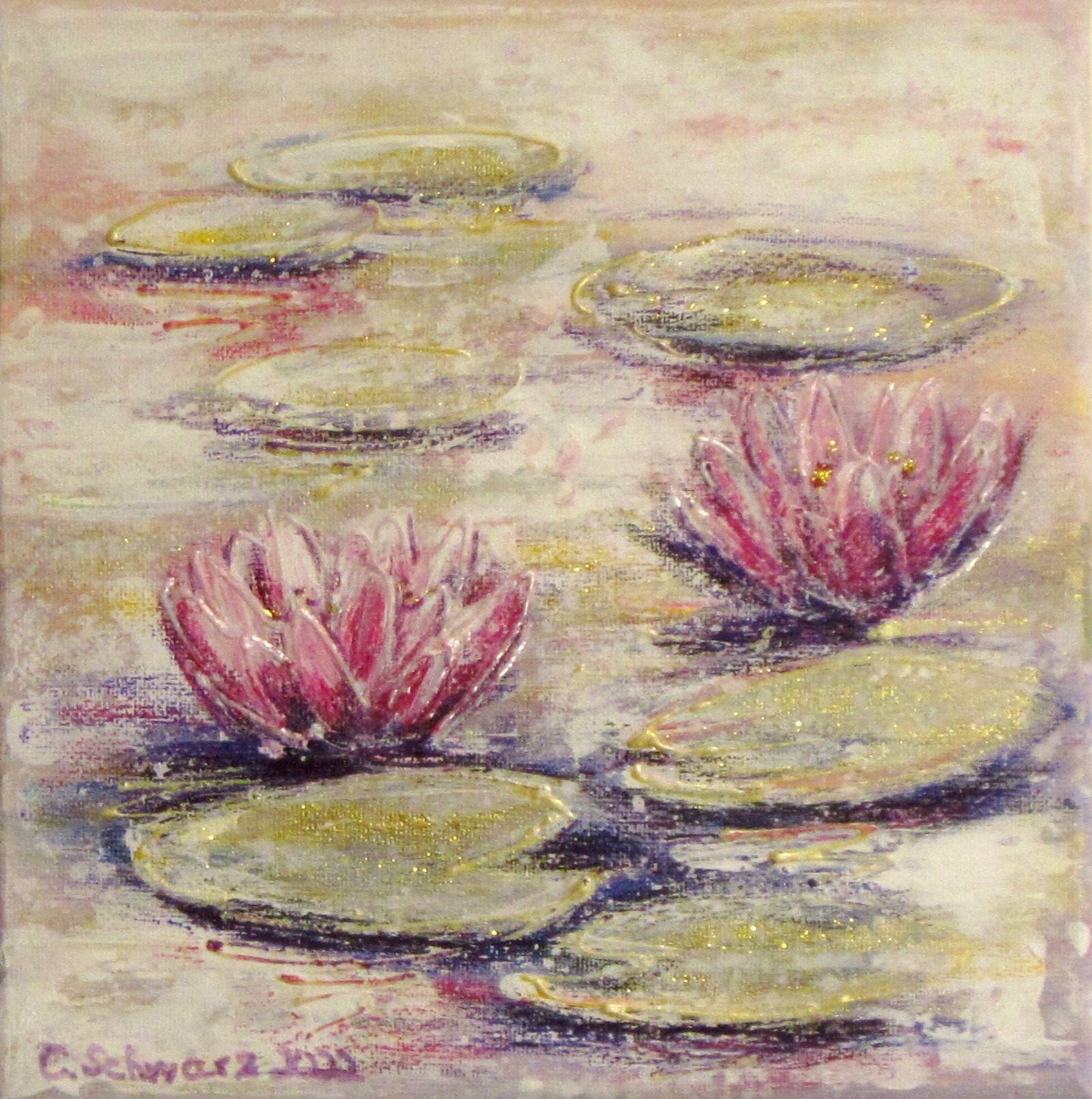 PINK WHISPERING WATERLILIES - kleines Seerosenbild auf Leinwand mit Glitter im Shabby-Chic-Look -