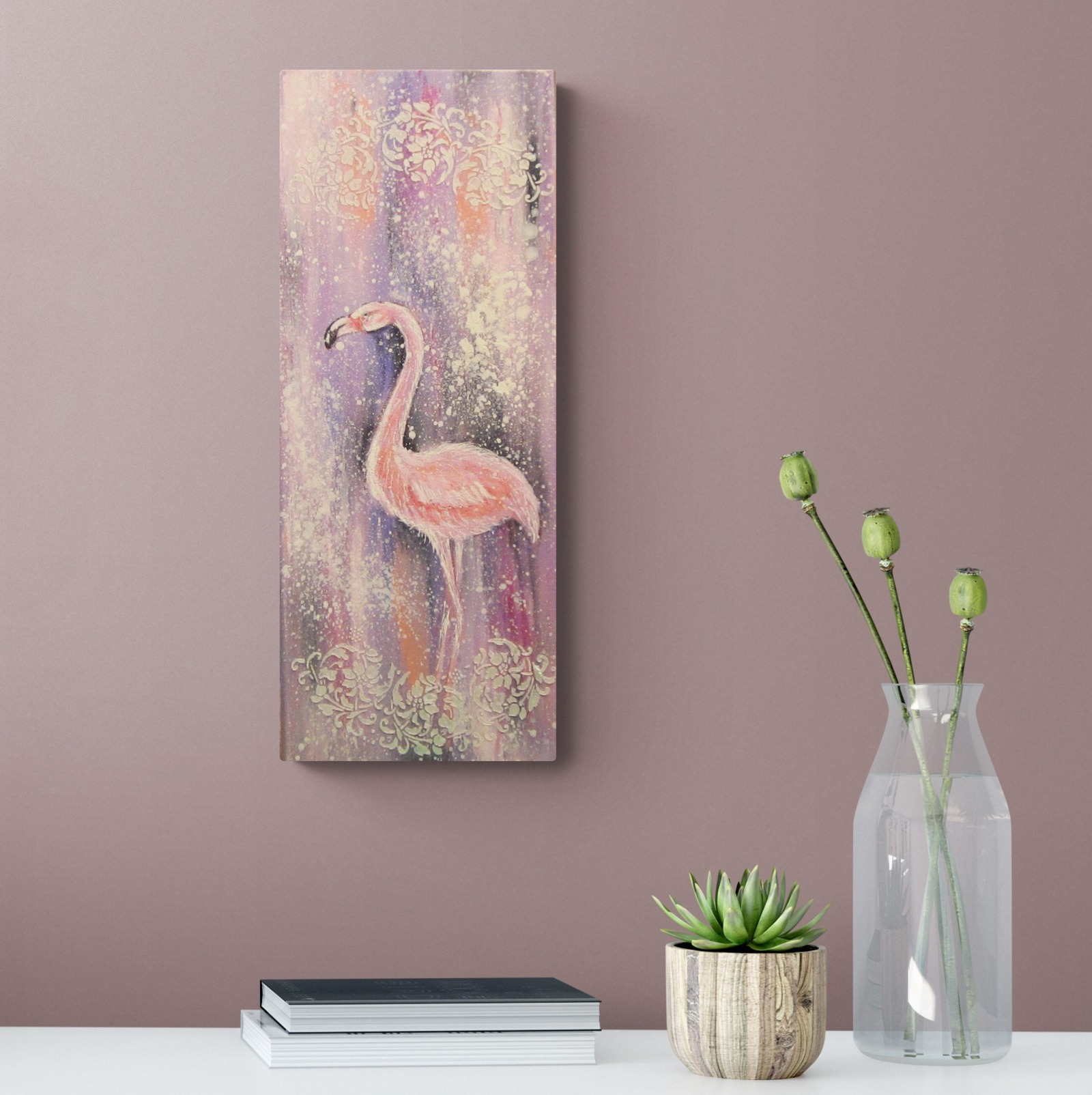 FLAMINGO WITH ORNAMENTS - Flamingobild auf Leinwand 20cmx50cm mit Blumenranken-Ornamenten und