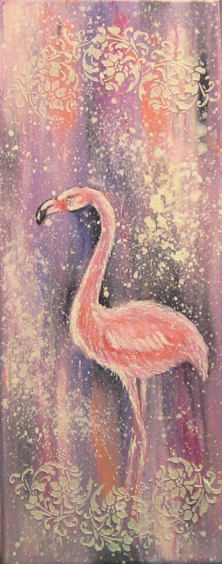 FLAMINGO WITH ORNAMENTS - Flamingobild auf Leinwand 20cmx50cm mit Blumenranken-Ornamenten und