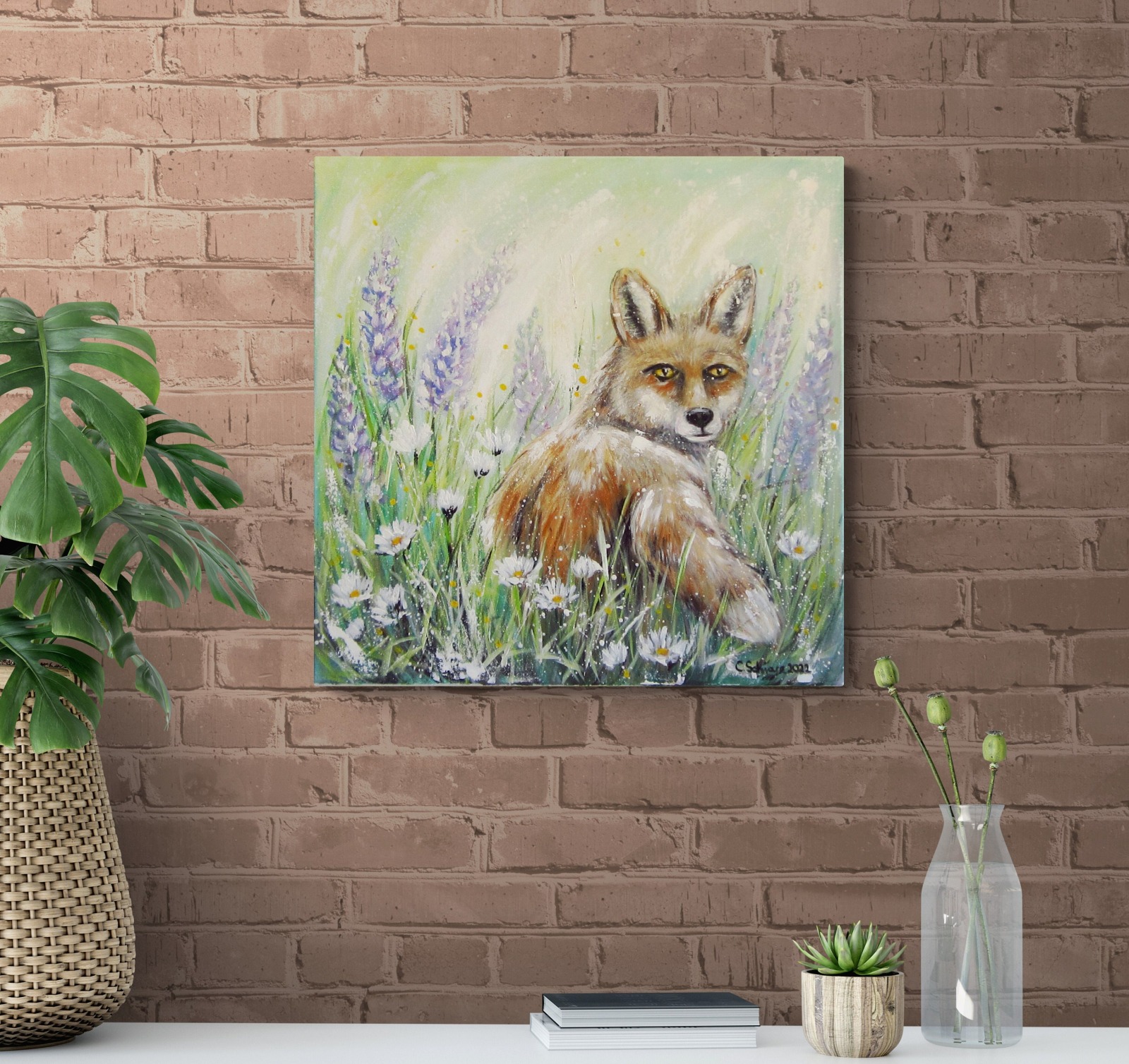 Fuchs in Lupinen und Margeriten - gemalter Fuchs mit Blumen auf Leinwand 60cmx60cm - Christiane