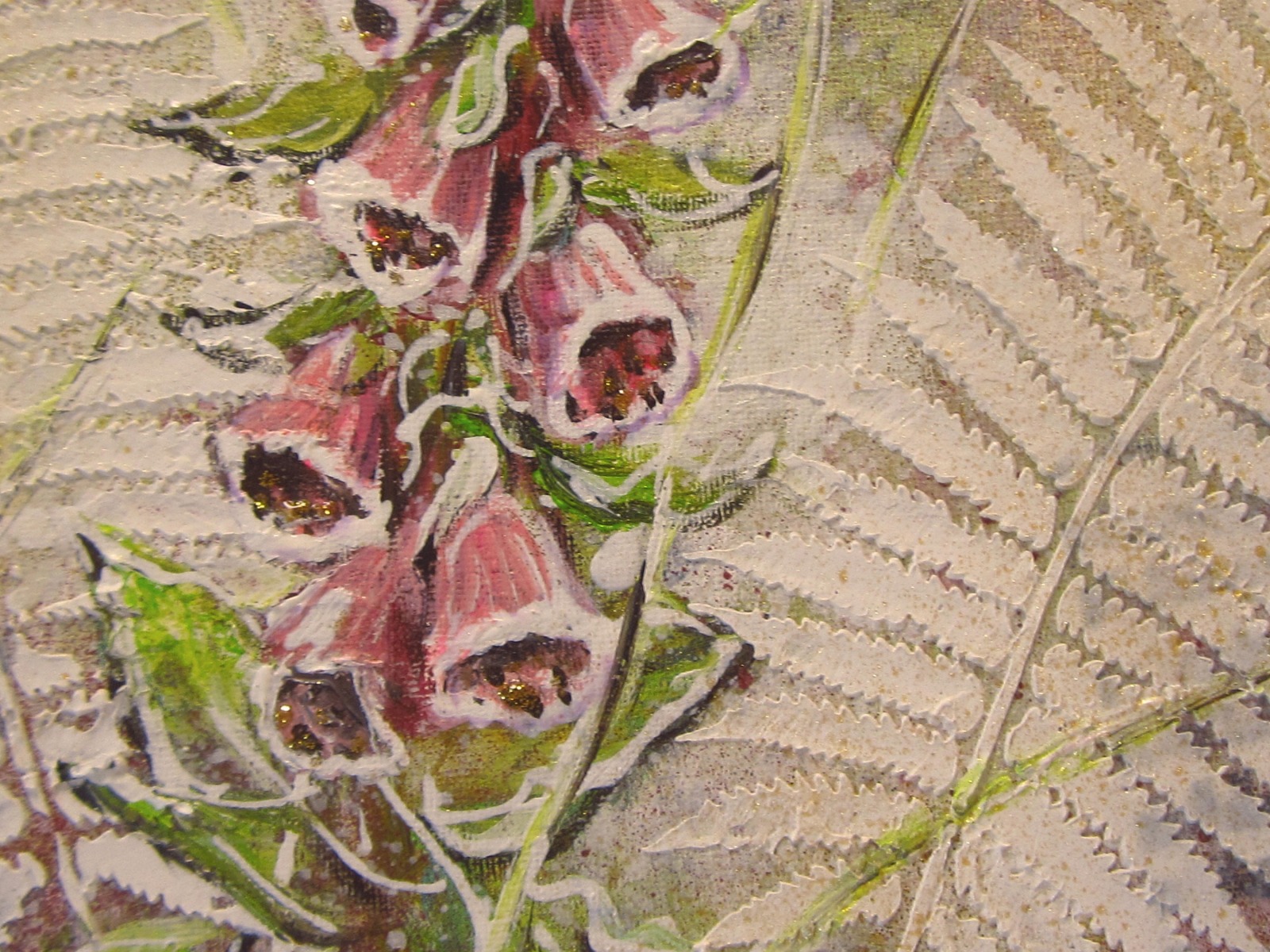 FOXGLOVE AND FERN - Mixed Media Bild mit gemalten Fingerhüten und Farn 30cmx40cm 5