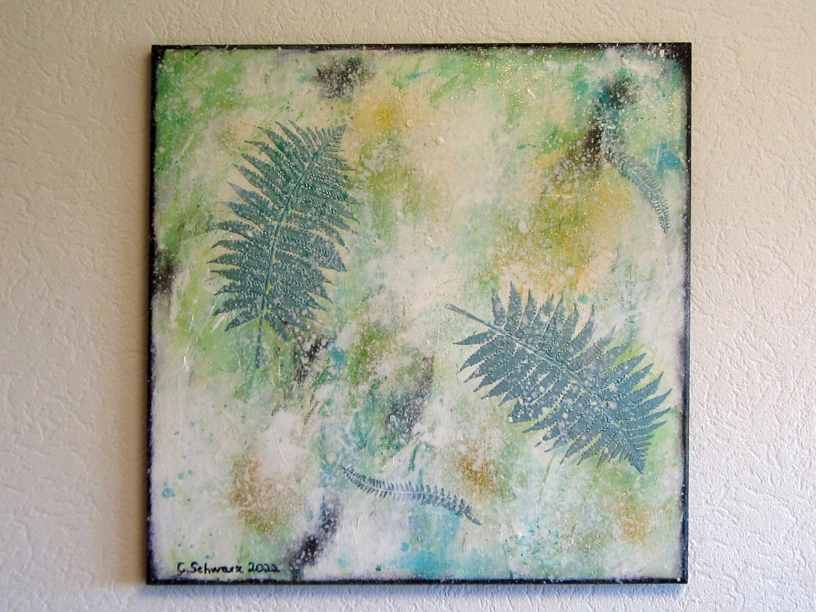 FARNBLÄTTER - Mixed Media Bild mit Glitter auf Leinwand 40cmx40cm - Christiane Schwarz 6